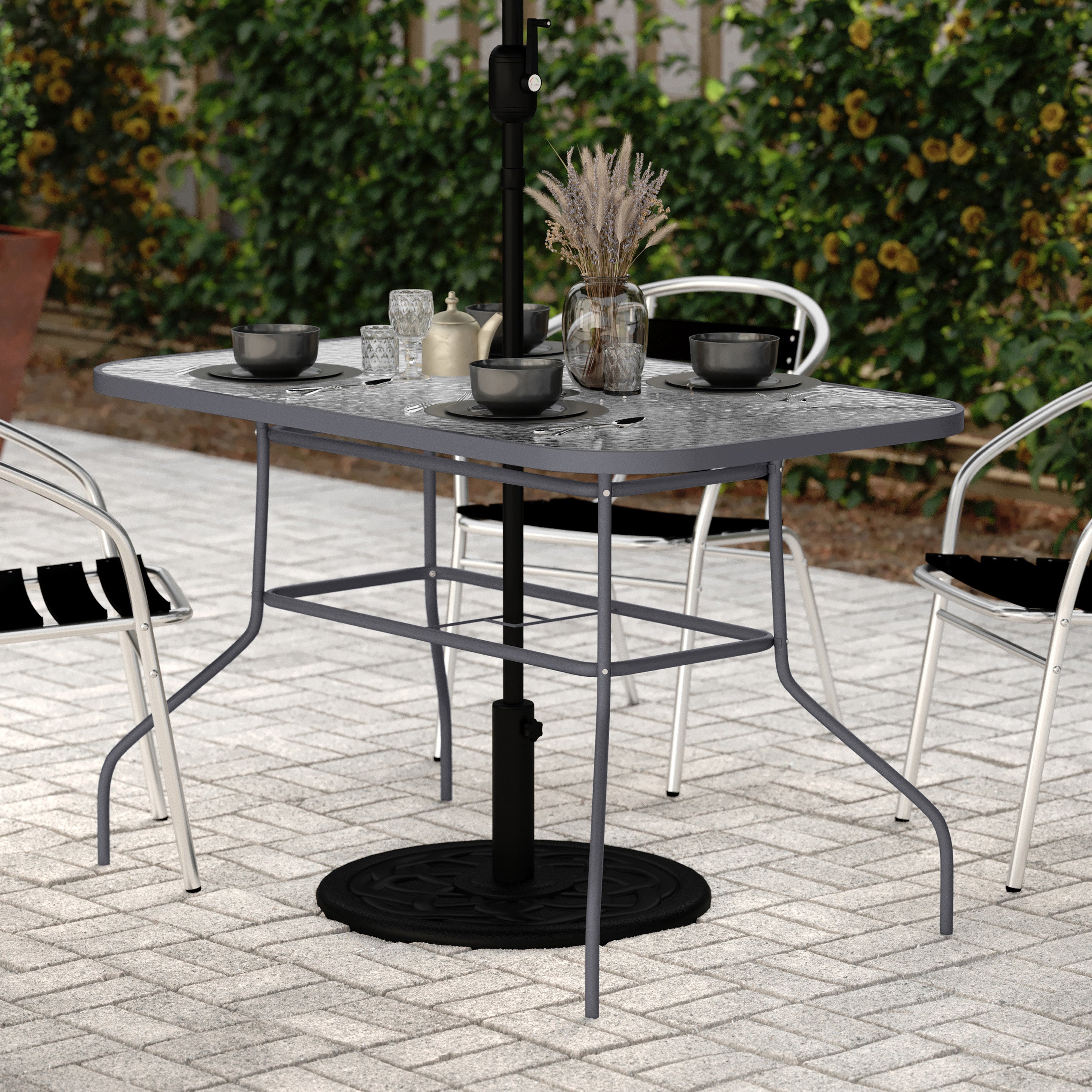 Tory Commercial Grade 27.5" x 47.25" Rectangular Patio Table with Tempered Glass Top with Umbrella Hole and Steel Tube Frame in Silver