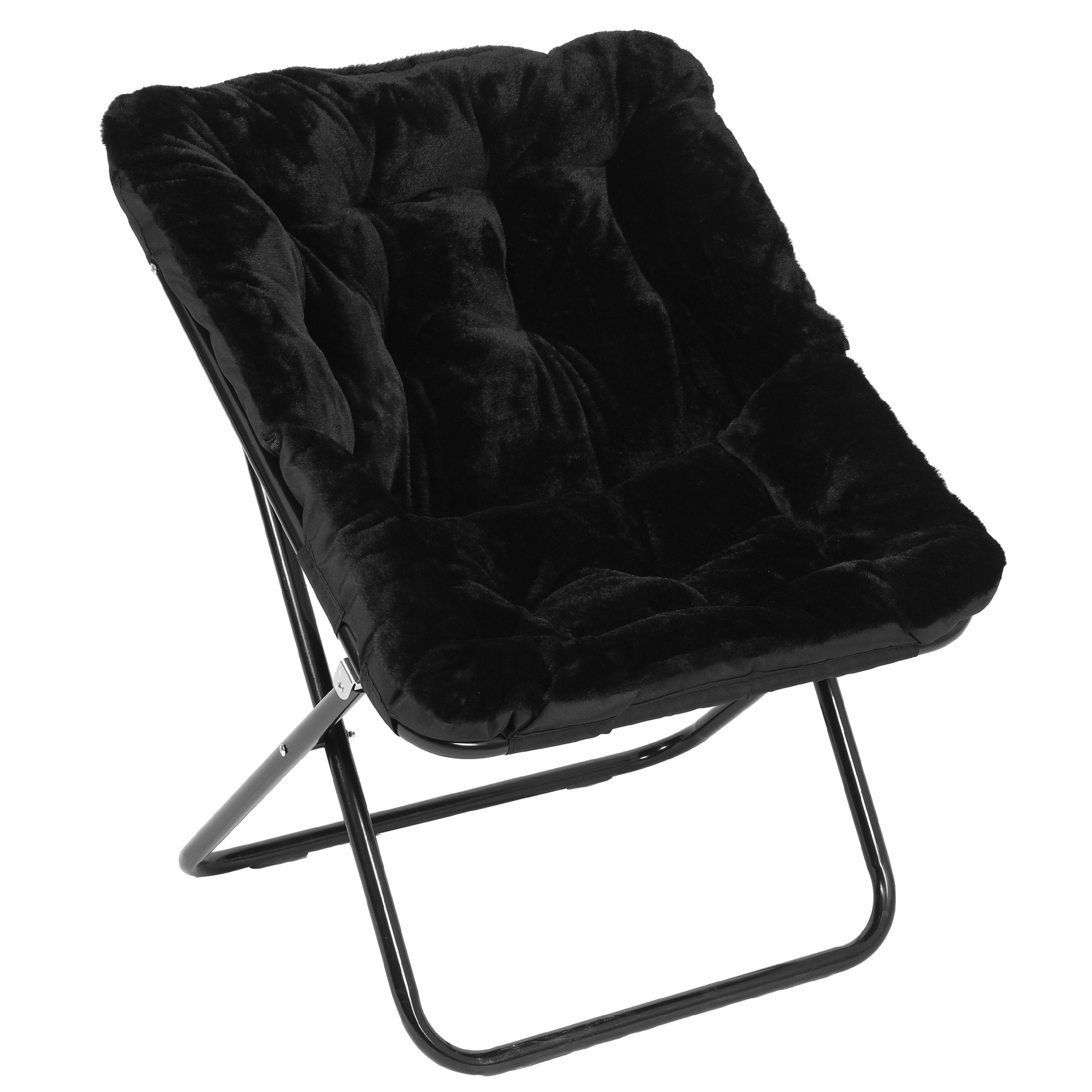 Archer 28" Oversized Portable Faux Fur Folding Saucer Chair for Dorm, Bedroom, Black Faux Fur/Black Frame