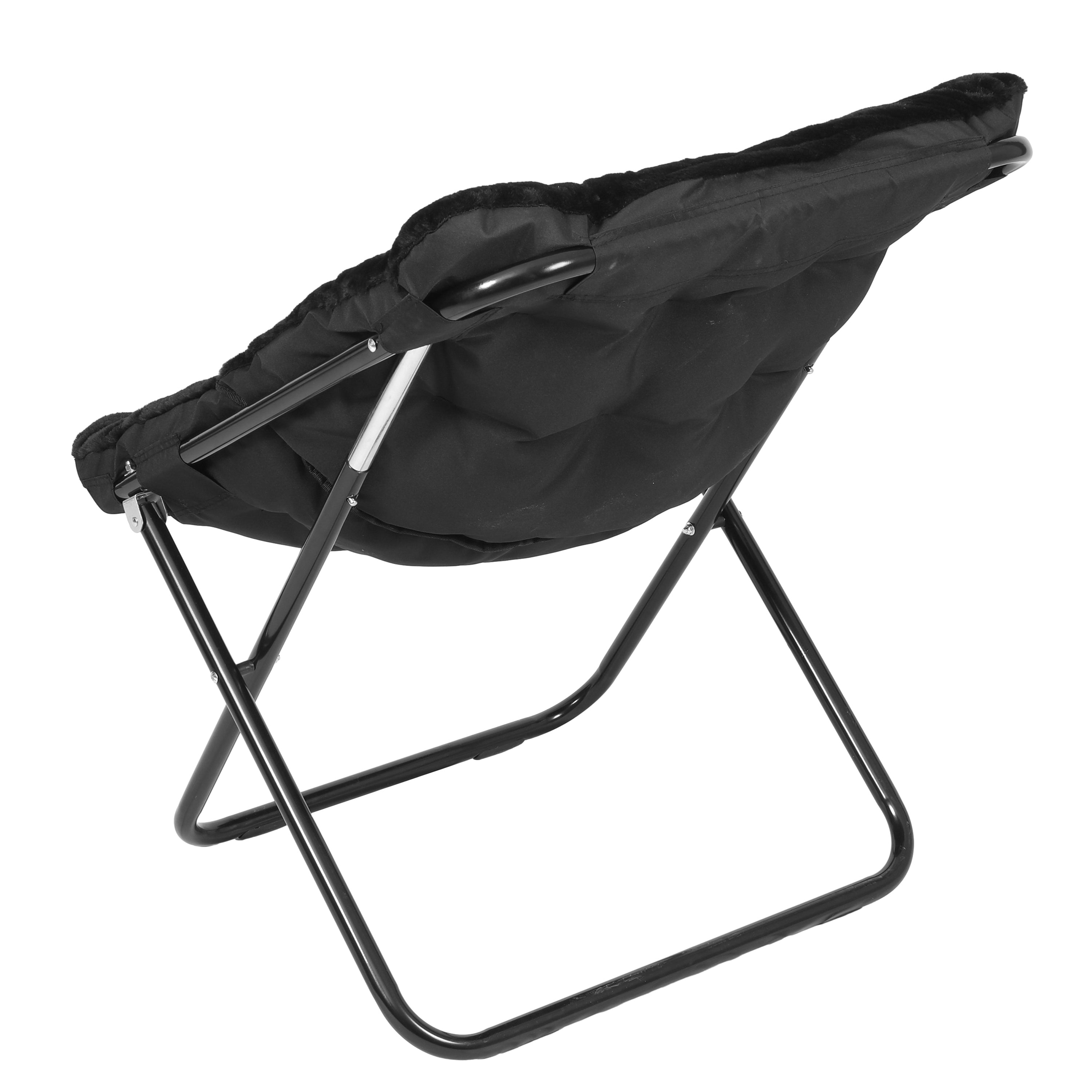 Archer 28" Oversized Portable Faux Fur Folding Saucer Chair for Dorm, Bedroom, Black Faux Fur/Black Frame