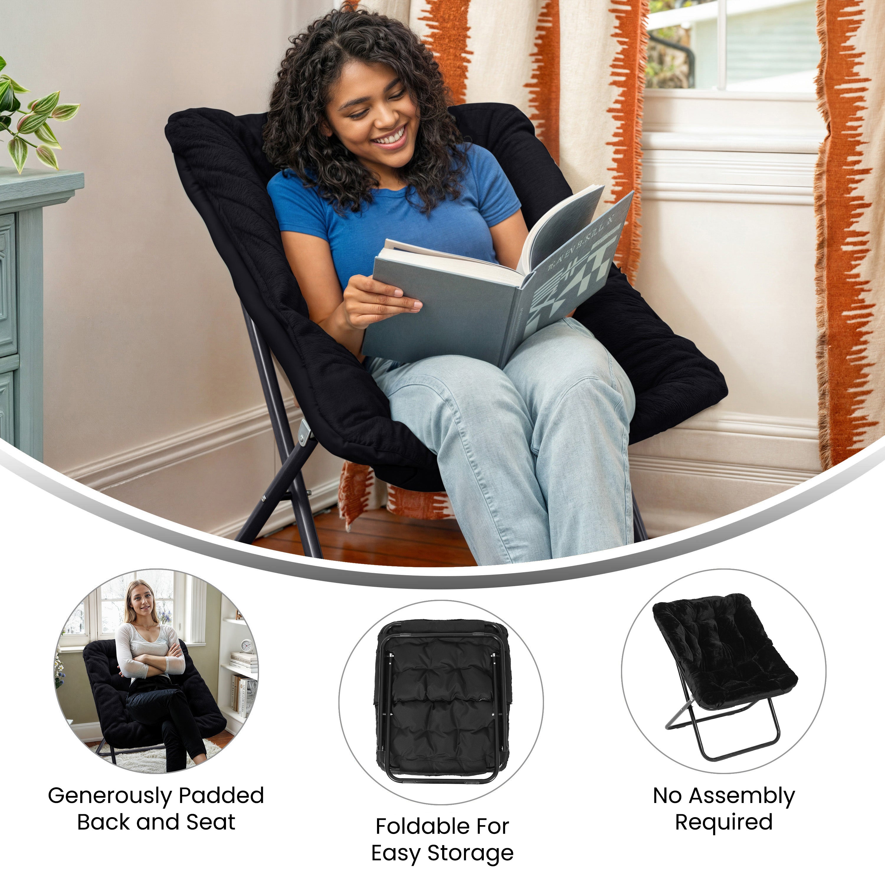 Archer 28" Oversized Portable Faux Fur Folding Saucer Chair for Dorm, Bedroom, Black Faux Fur/Black Frame