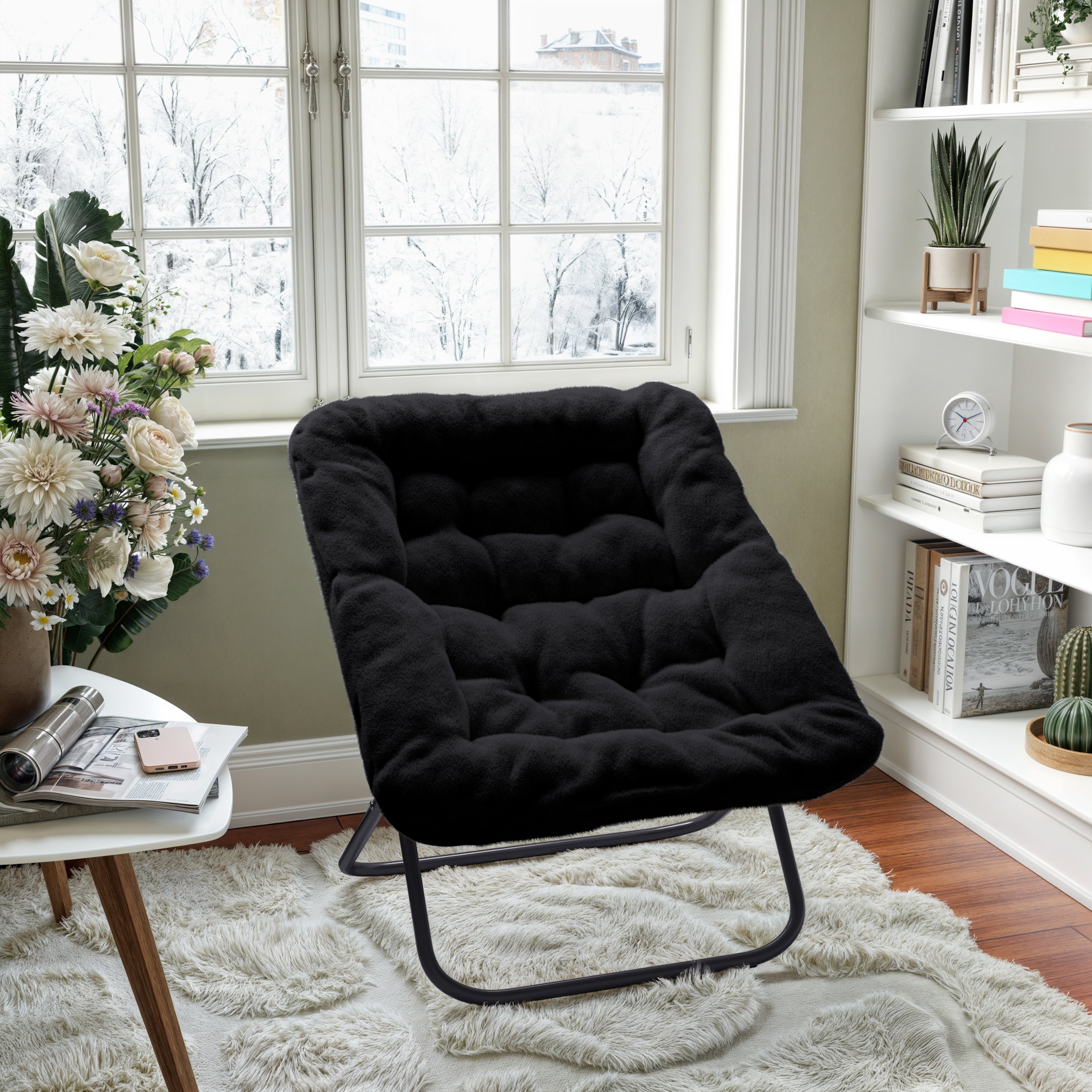 Archer 28" Oversized Portable Faux Fur Folding Saucer Chair for Dorm, Bedroom, Black Faux Fur/Black Frame