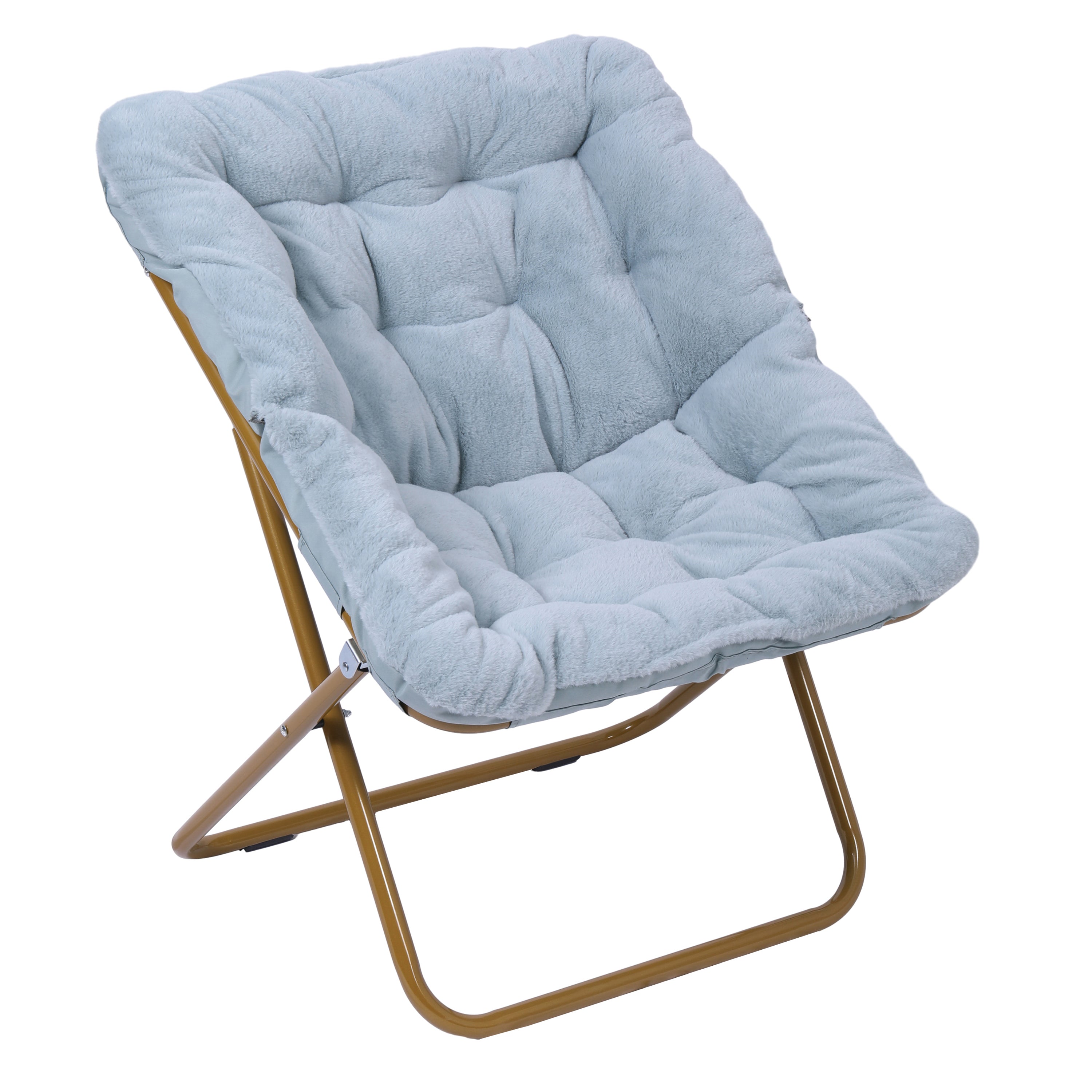 Archer 28" Oversized Portable Faux Fur Folding Saucer Chair for Dorm, Bedroom, Dusty Aqua Faux Fur/Soft Gold Frame