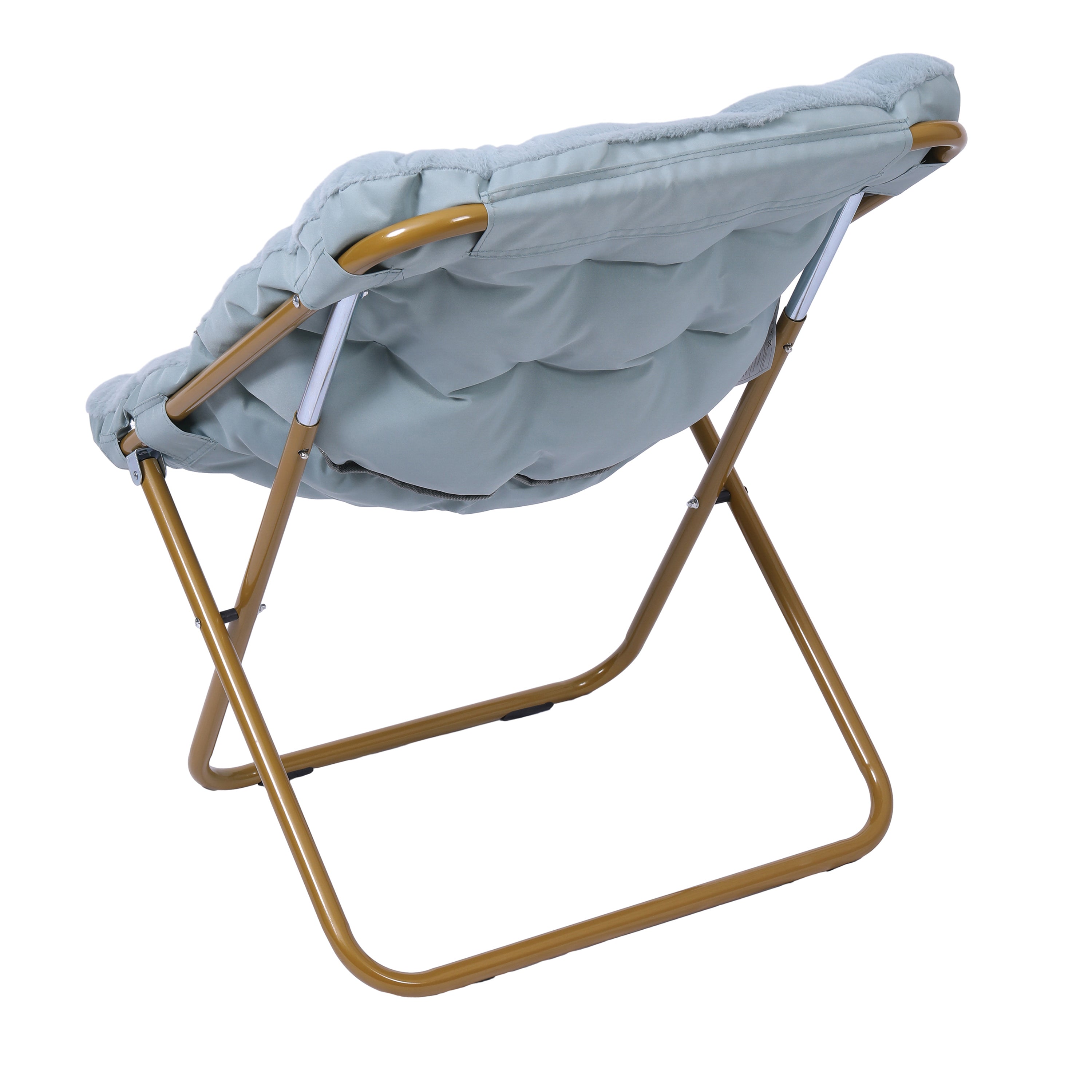 Archer 28" Oversized Portable Faux Fur Folding Saucer Chair for Dorm, Bedroom, Dusty Aqua Faux Fur/Soft Gold Frame