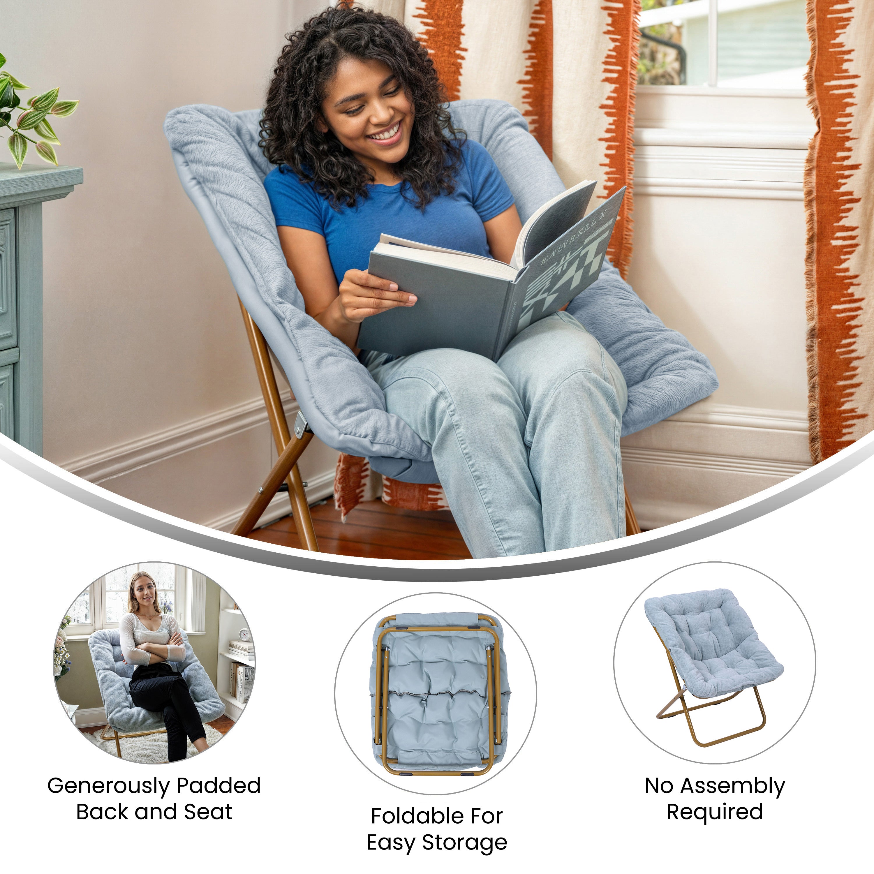 Archer 28" Oversized Portable Faux Fur Folding Saucer Chair for Dorm, Bedroom, Dusty Aqua Faux Fur/Soft Gold Frame