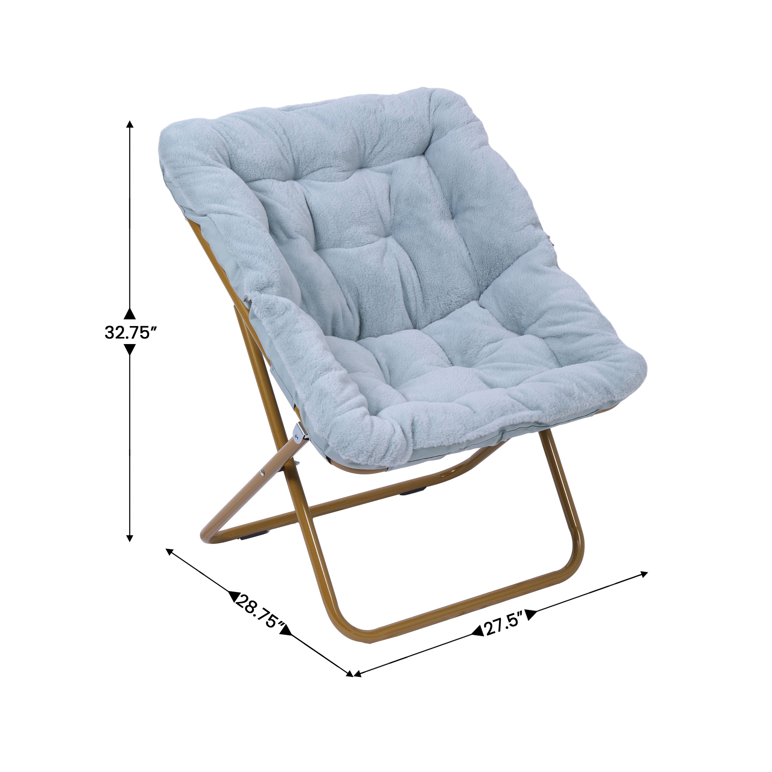 Archer 28" Oversized Portable Faux Fur Folding Saucer Chair for Dorm, Bedroom, Dusty Aqua Faux Fur/Soft Gold Frame