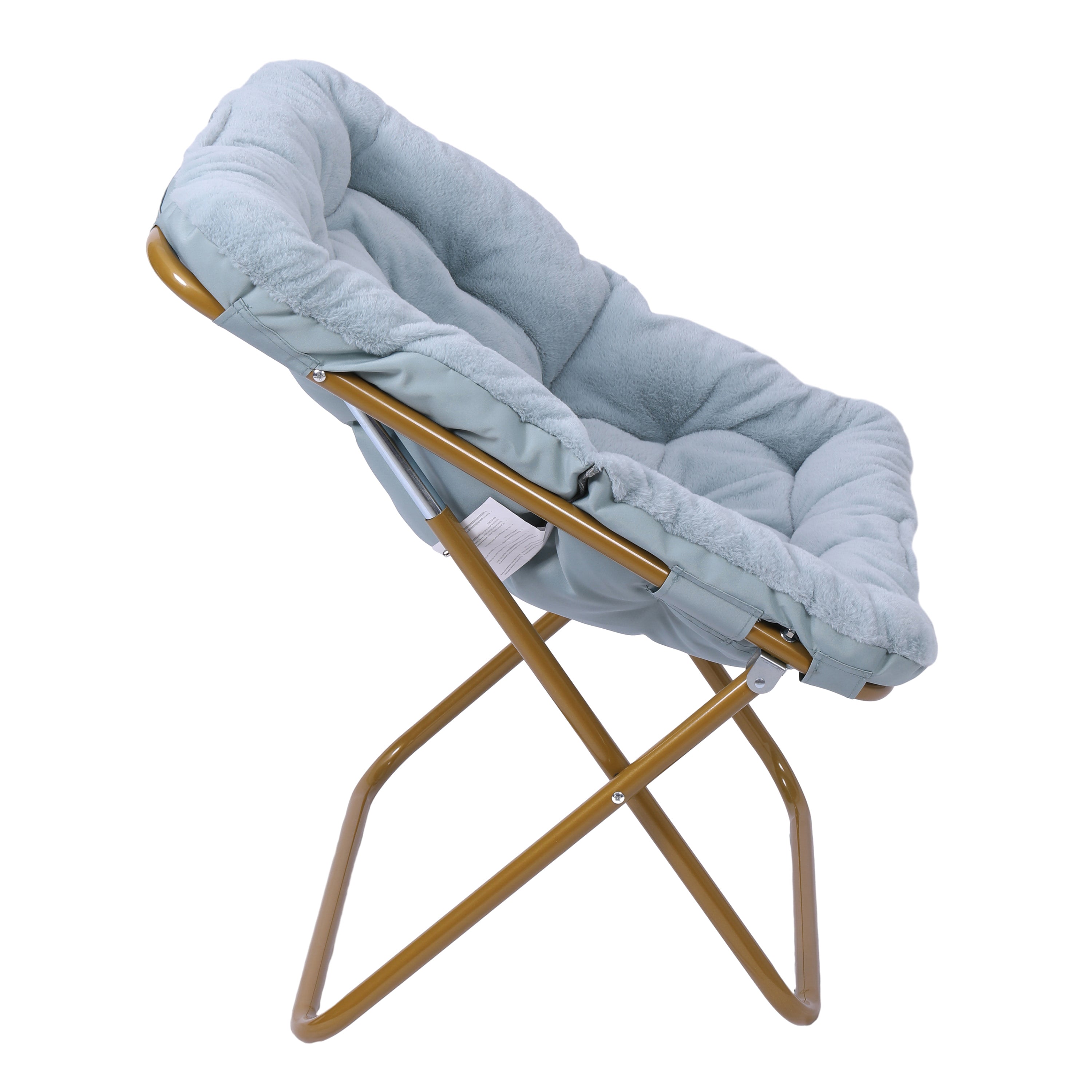 Archer 28" Oversized Portable Faux Fur Folding Saucer Chair for Dorm, Bedroom, Dusty Aqua Faux Fur/Soft Gold Frame