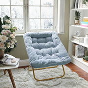 Archer 28" Oversized Portable Faux Fur Folding Saucer Chair for Dorm, Bedroom, Dusty Aqua Faux Fur/Soft Gold Frame