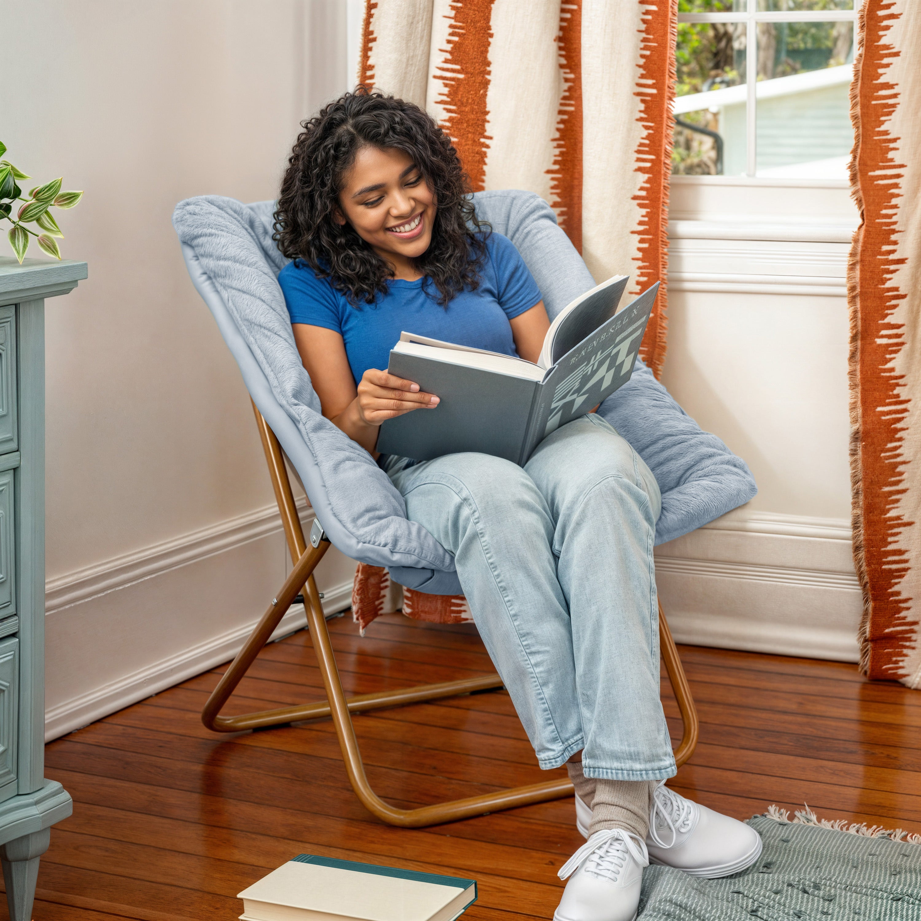 Archer 28" Oversized Portable Faux Fur Folding Saucer Chair for Dorm, Bedroom, Dusty Aqua Faux Fur/Soft Gold Frame