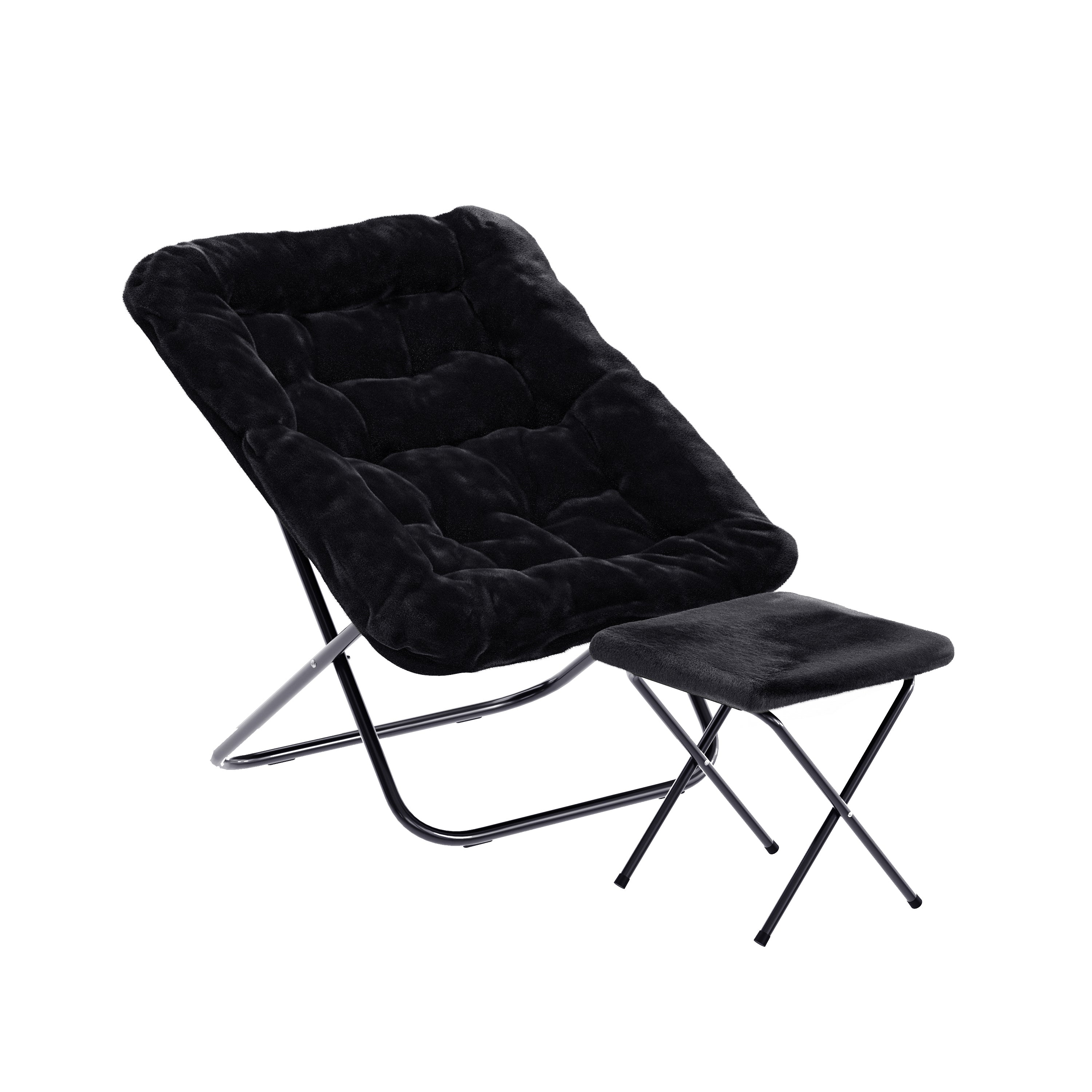 Archer 28" Oversized Portable Faux Fur Folding Saucer Chair with Folding Ottoman for Dorm, Bedroom, Black Faux Fur/Black Frame