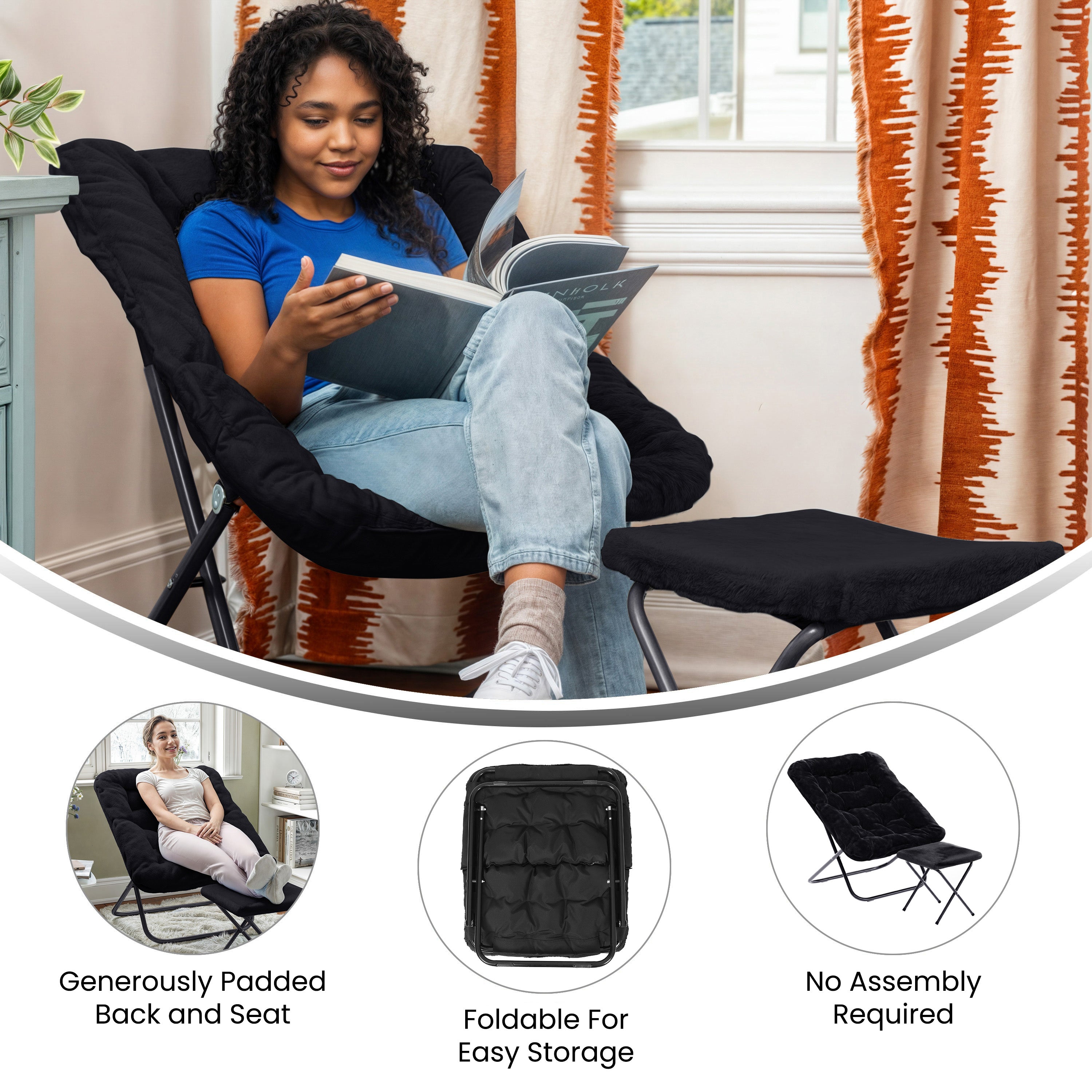 Archer 28" Oversized Portable Faux Fur Folding Saucer Chair with Folding Ottoman for Dorm, Bedroom, Black Faux Fur/Black Frame