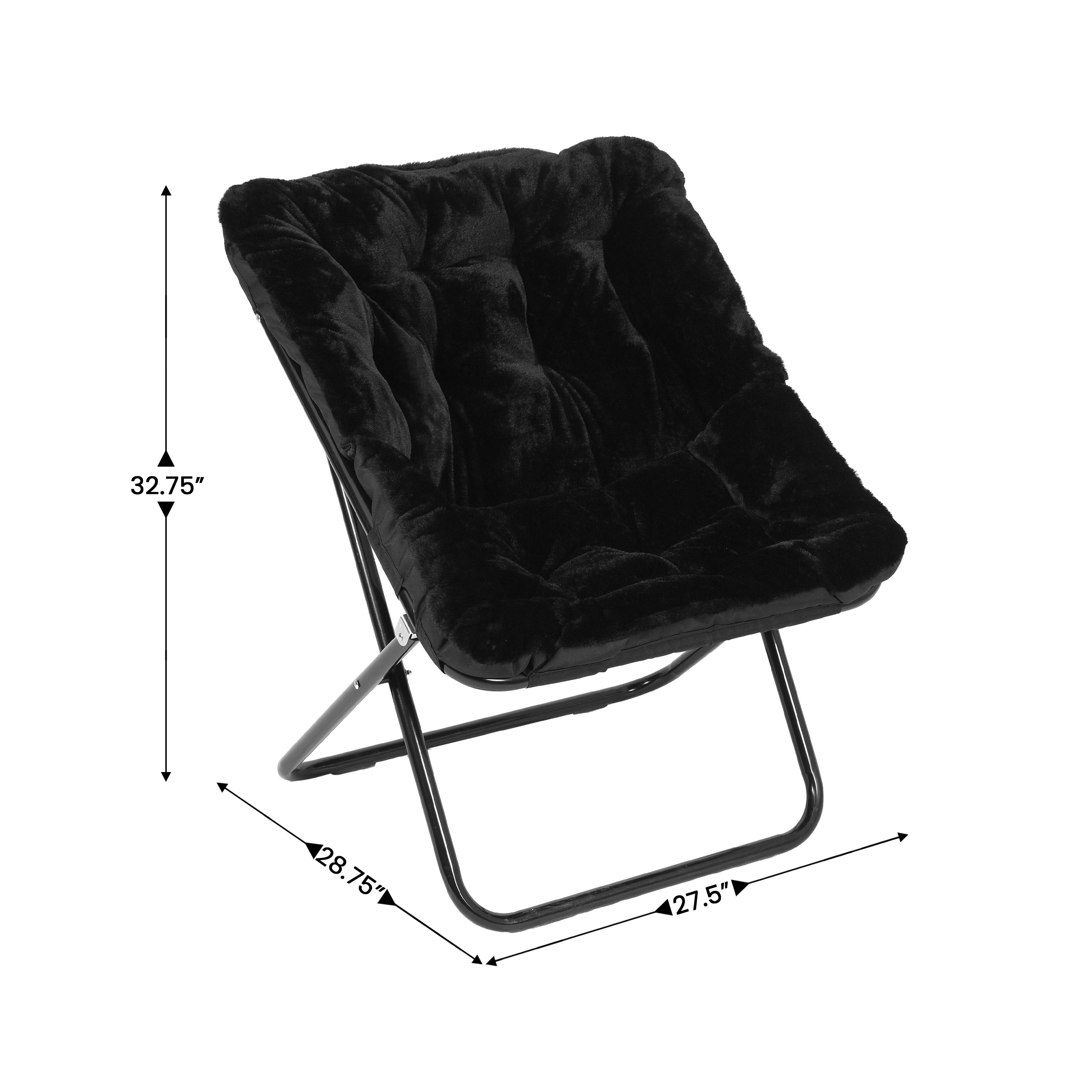 Archer 28" Oversized Portable Faux Fur Folding Saucer Chair with Folding Ottoman for Dorm, Bedroom, Black Faux Fur/Black Frame