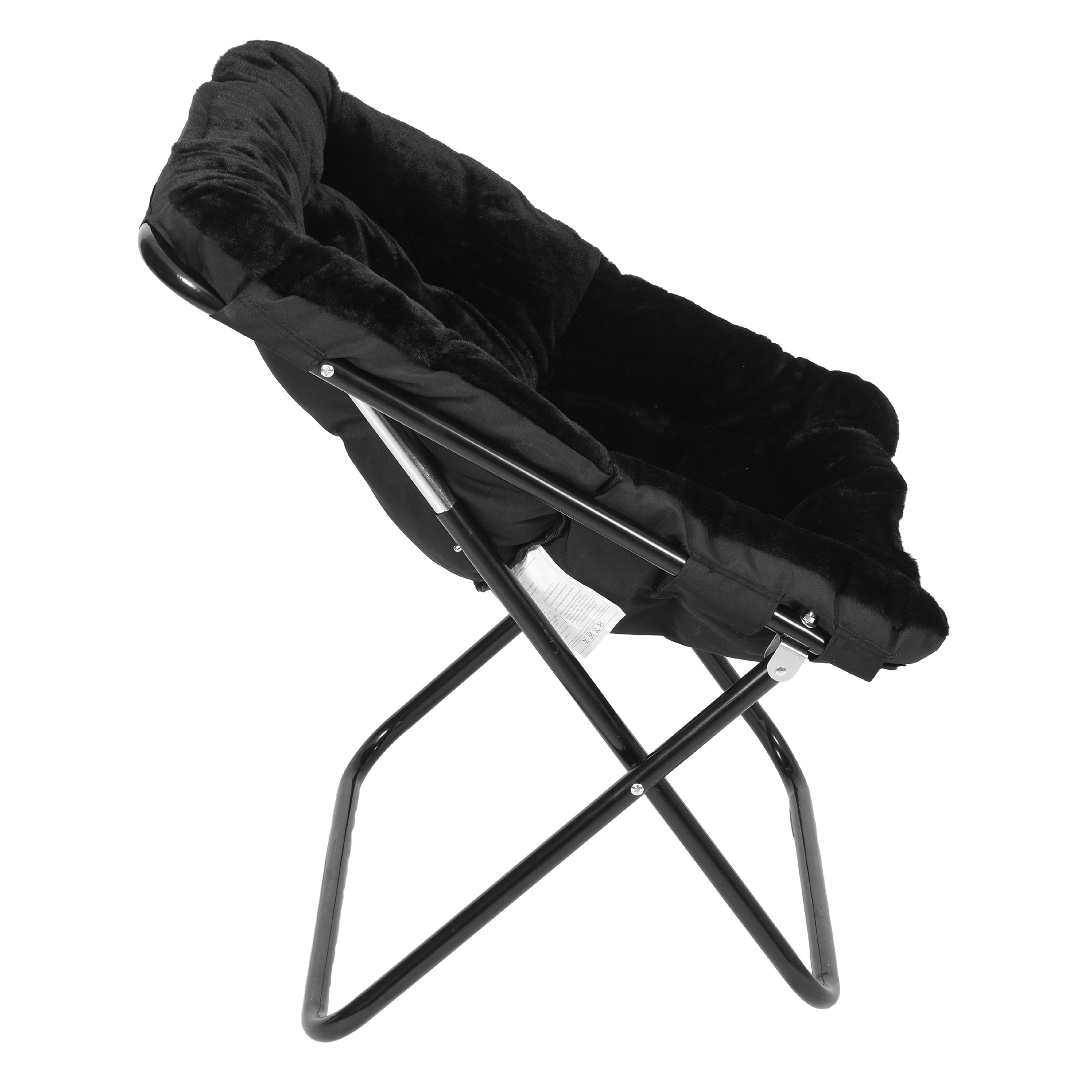 Archer 28" Oversized Portable Faux Fur Folding Saucer Chair with Folding Ottoman for Dorm, Bedroom, Black Faux Fur/Black Frame