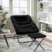 Archer 28" Oversized Portable Faux Fur Folding Saucer Chair with Folding Ottoman for Dorm, Bedroom, Black Faux Fur/Black Frame