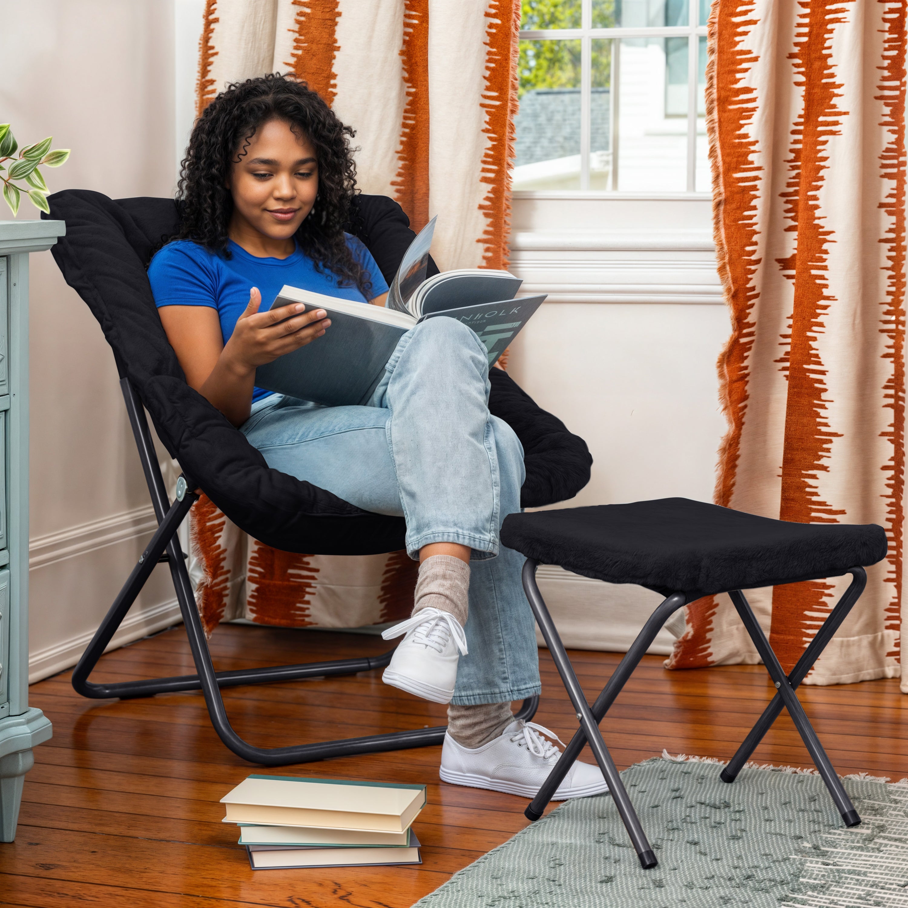 Archer 28" Oversized Portable Faux Fur Folding Saucer Chair with Folding Ottoman for Dorm, Bedroom, Black Faux Fur/Black Frame