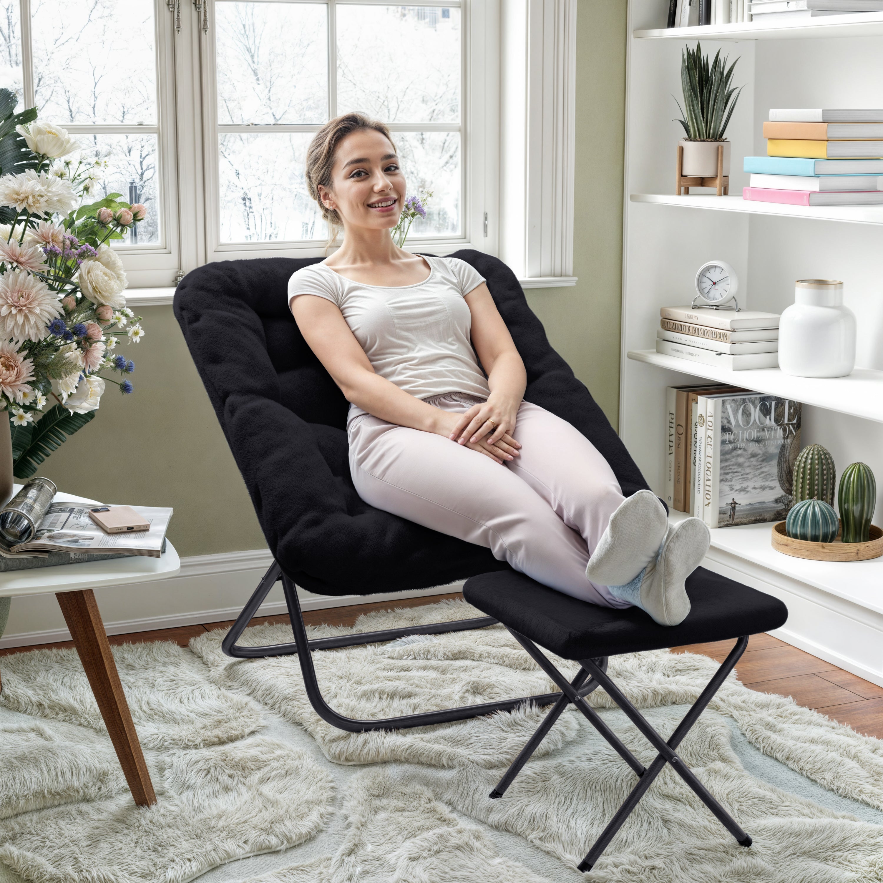 Archer 28" Oversized Portable Faux Fur Folding Saucer Chair with Folding Ottoman for Dorm, Bedroom, Black Faux Fur/Black Frame
