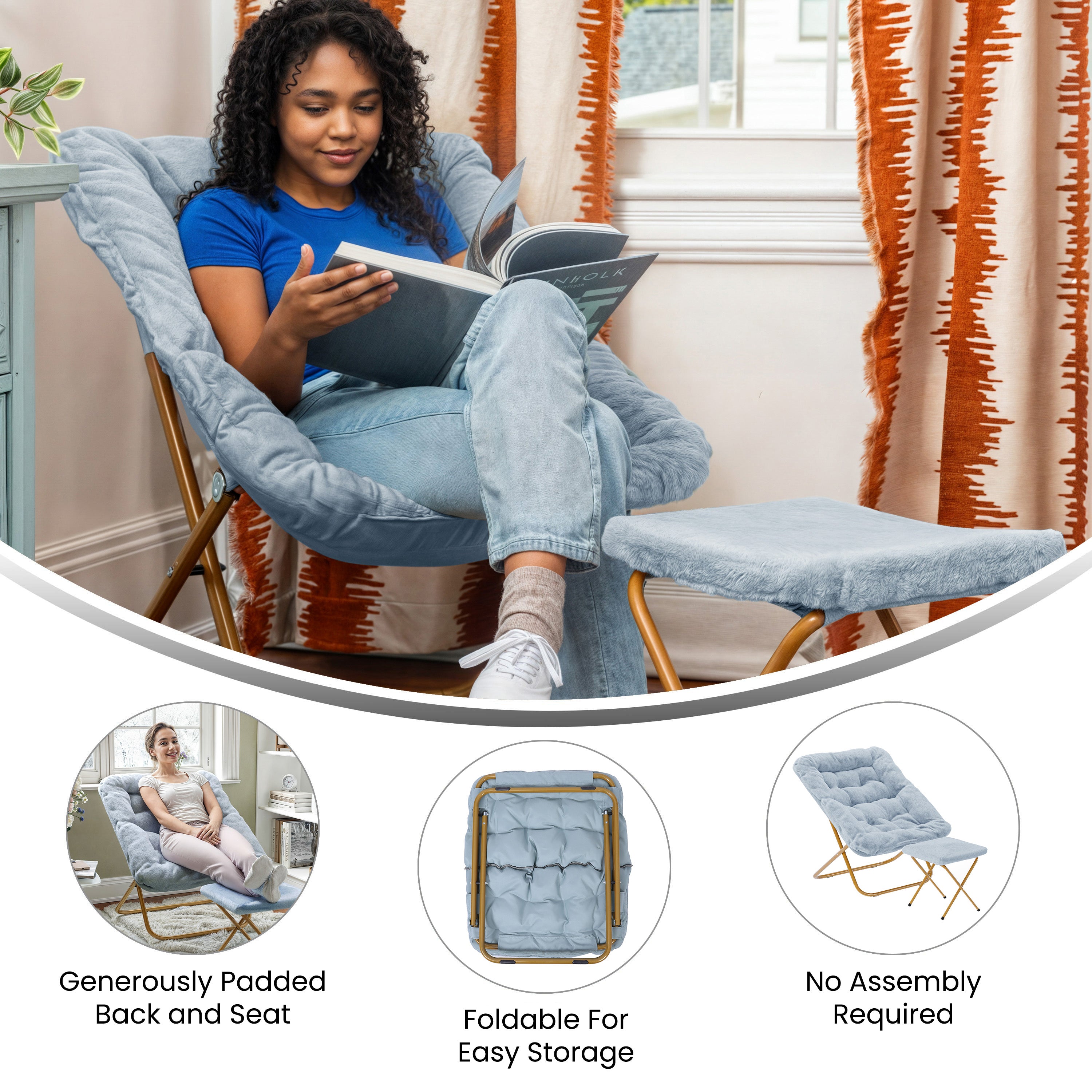 Archer 28" Oversized Portable Faux Fur Folding Saucer Chair with Folding Ottoman for Dorm, Bedroom, Dusty Aqua Faux Fur/Soft Gold Frame