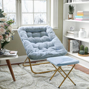 Archer 28" Oversized Portable Faux Fur Folding Saucer Chair with Folding Ottoman for Dorm, Bedroom, Dusty Aqua Faux Fur/Soft Gold Frame