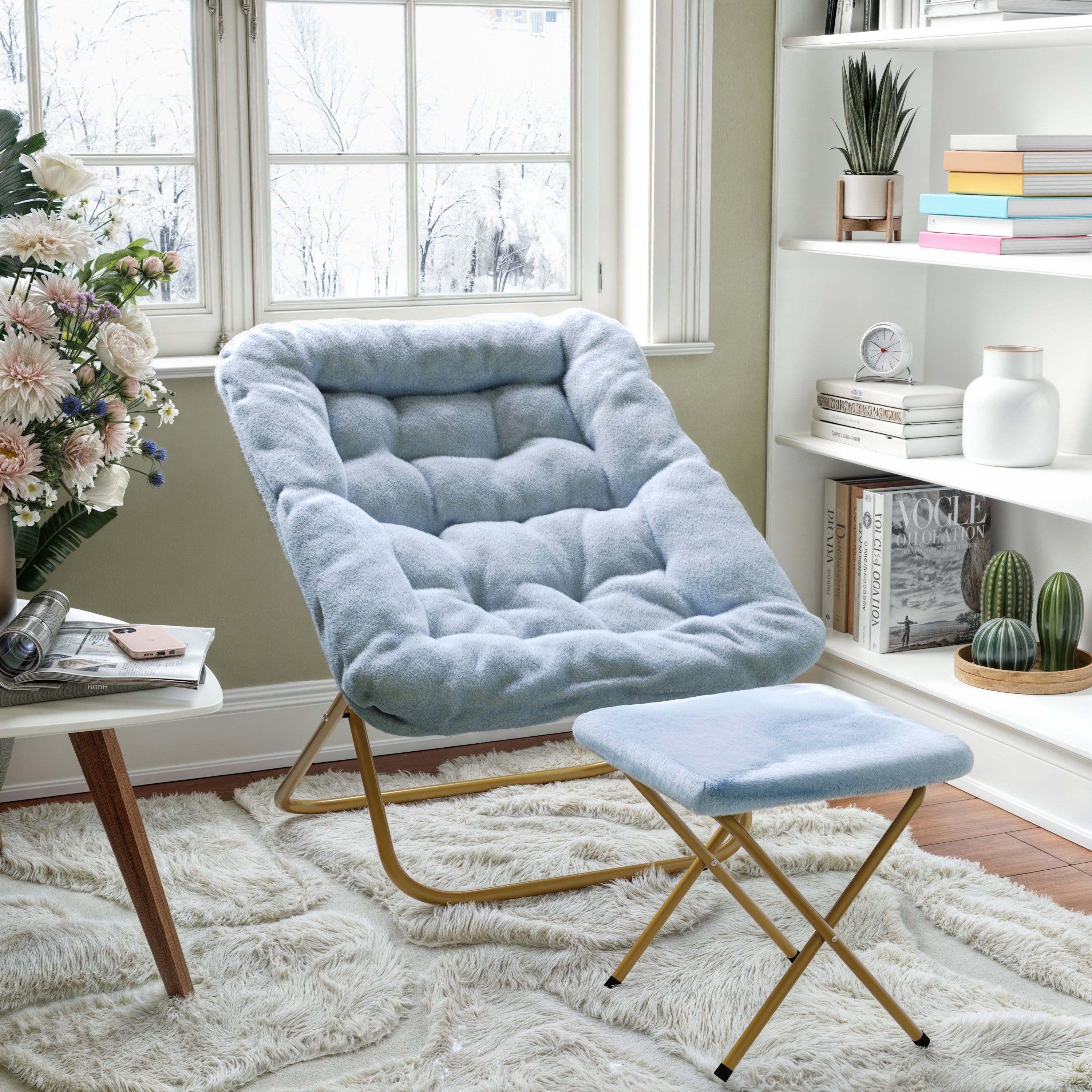 Archer 28" Oversized Portable Faux Fur Folding Saucer Chair with Folding Ottoman for Dorm, Bedroom, Dusty Aqua Faux Fur/Soft Gold Frame