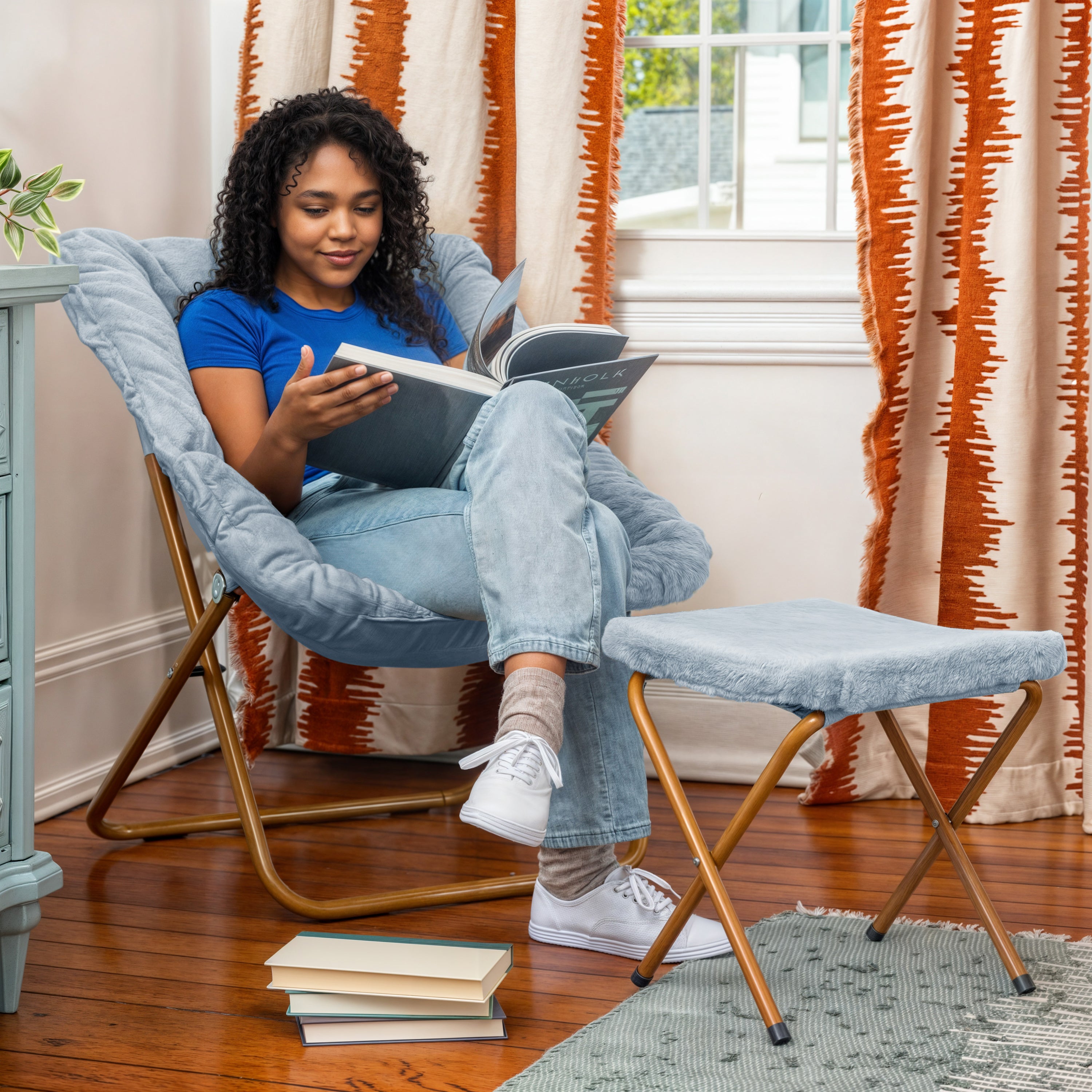 Archer 28" Oversized Portable Faux Fur Folding Saucer Chair with Folding Ottoman for Dorm, Bedroom, Dusty Aqua Faux Fur/Soft Gold Frame