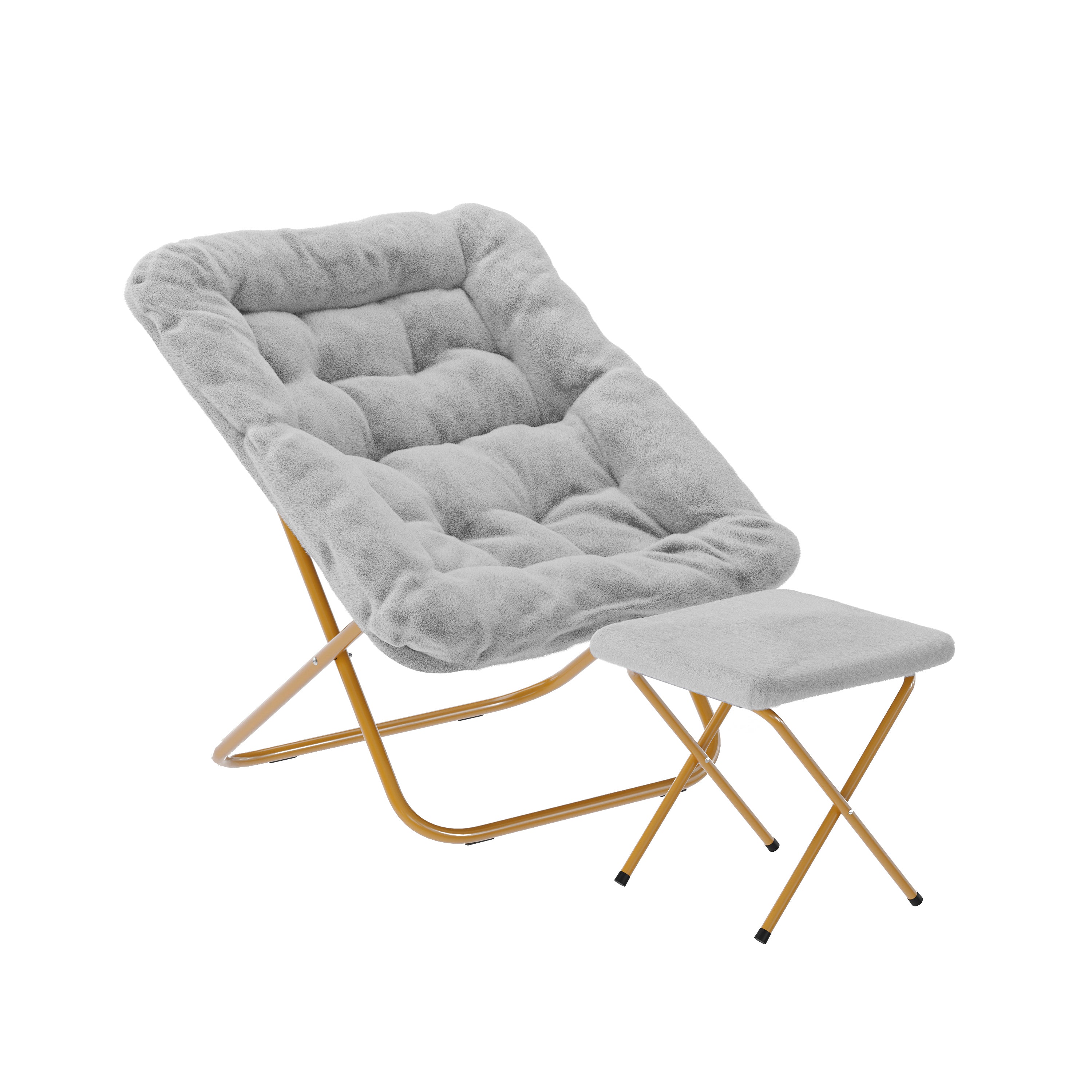 Archer 28" Oversized Portable Faux Fur Folding Saucer Chair with folding Ottoman for Dorm, Bedroom, Gray Faux Fur/Soft Gold Frame