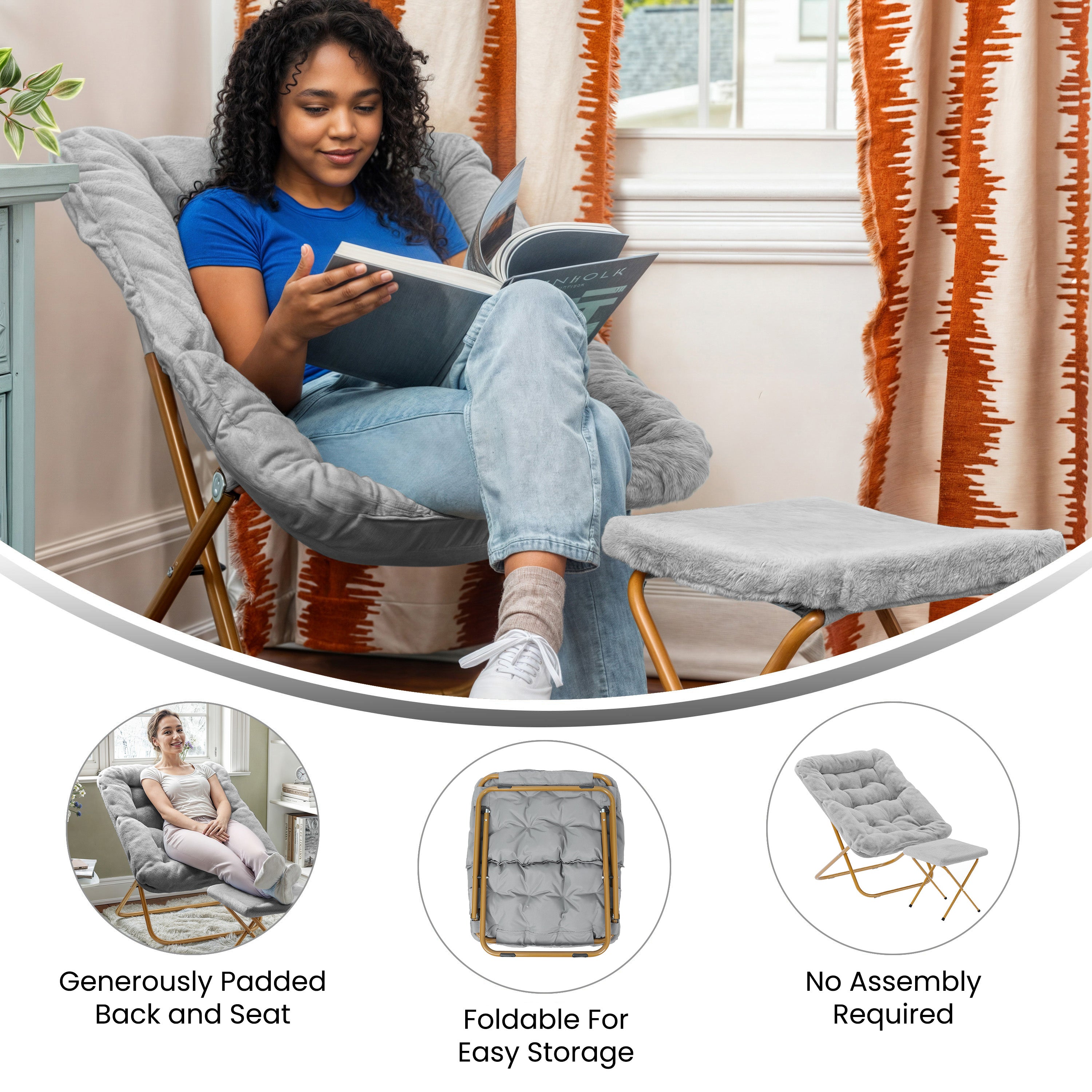 Archer 28" Oversized Portable Faux Fur Folding Saucer Chair with folding Ottoman for Dorm, Bedroom, Gray Faux Fur/Soft Gold Frame