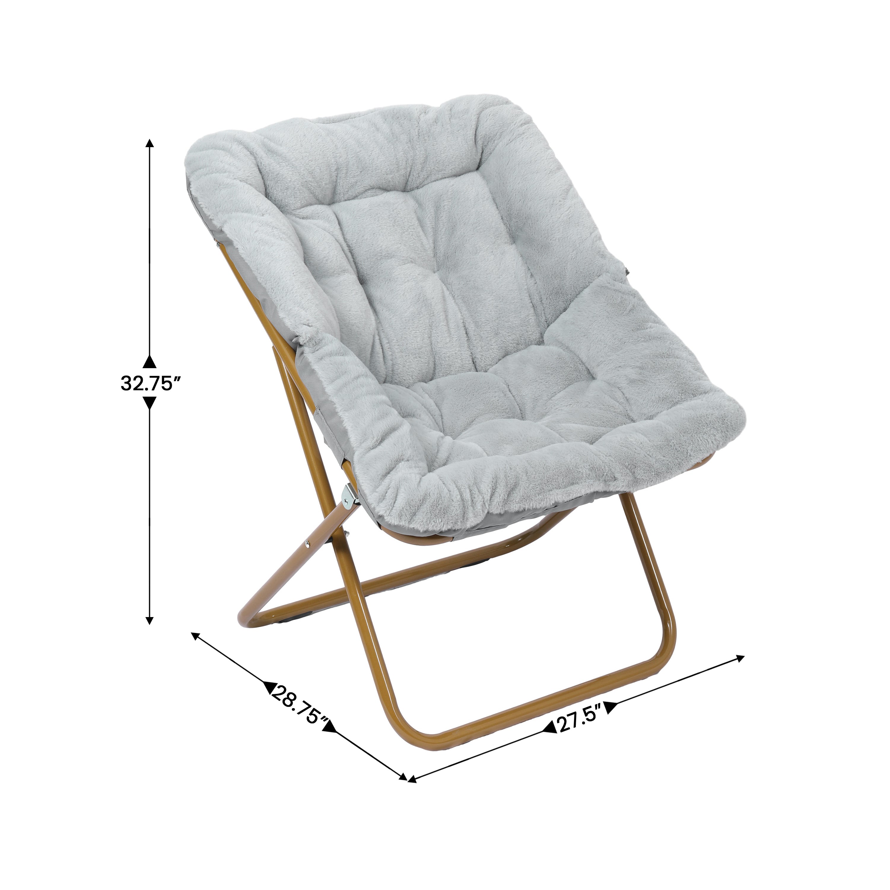 Archer 28" Oversized Portable Faux Fur Folding Saucer Chair with folding Ottoman for Dorm, Bedroom, Gray Faux Fur/Soft Gold Frame