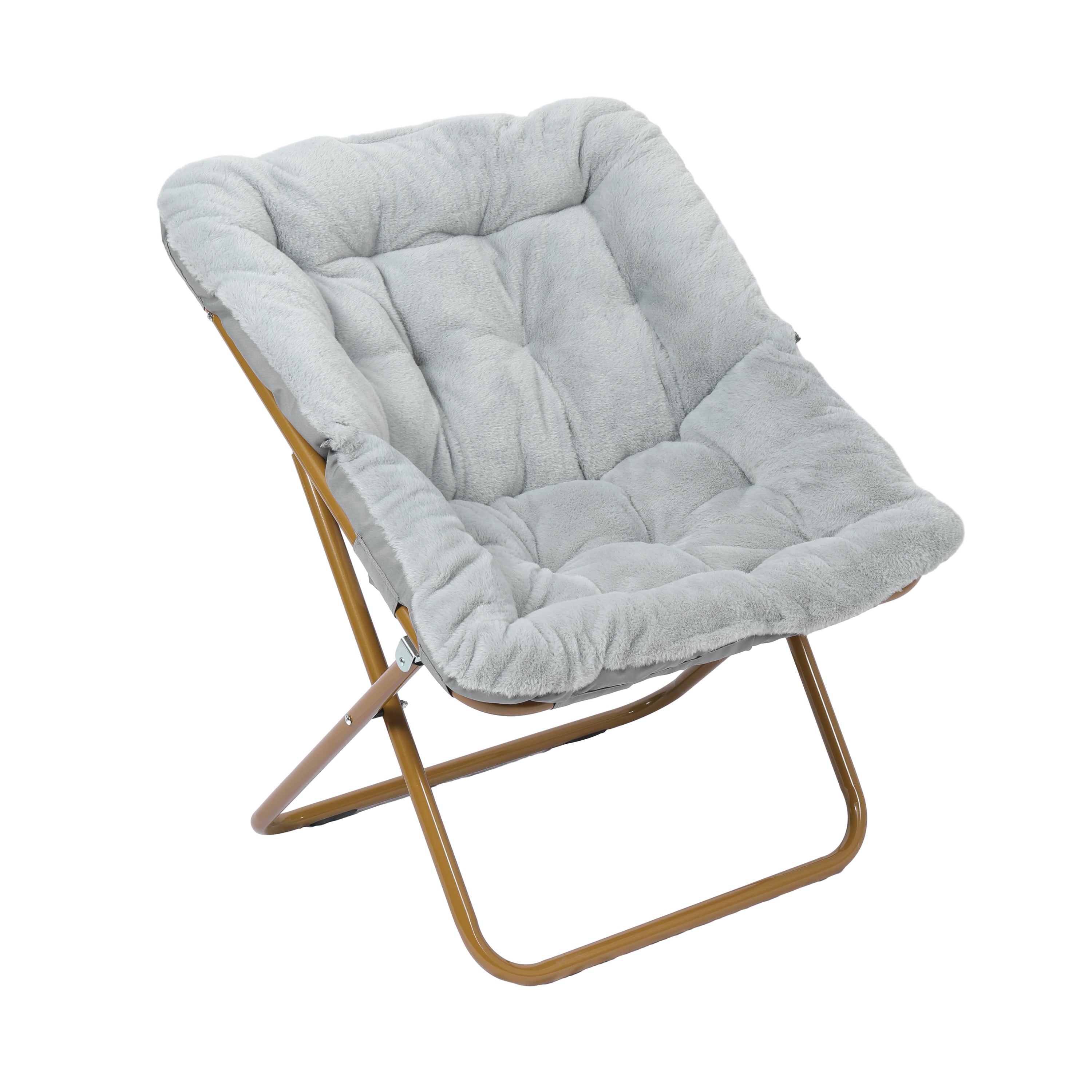 Archer 28" Oversized Portable Faux Fur Folding Saucer Chair with folding Ottoman for Dorm, Bedroom, Gray Faux Fur/Soft Gold Frame