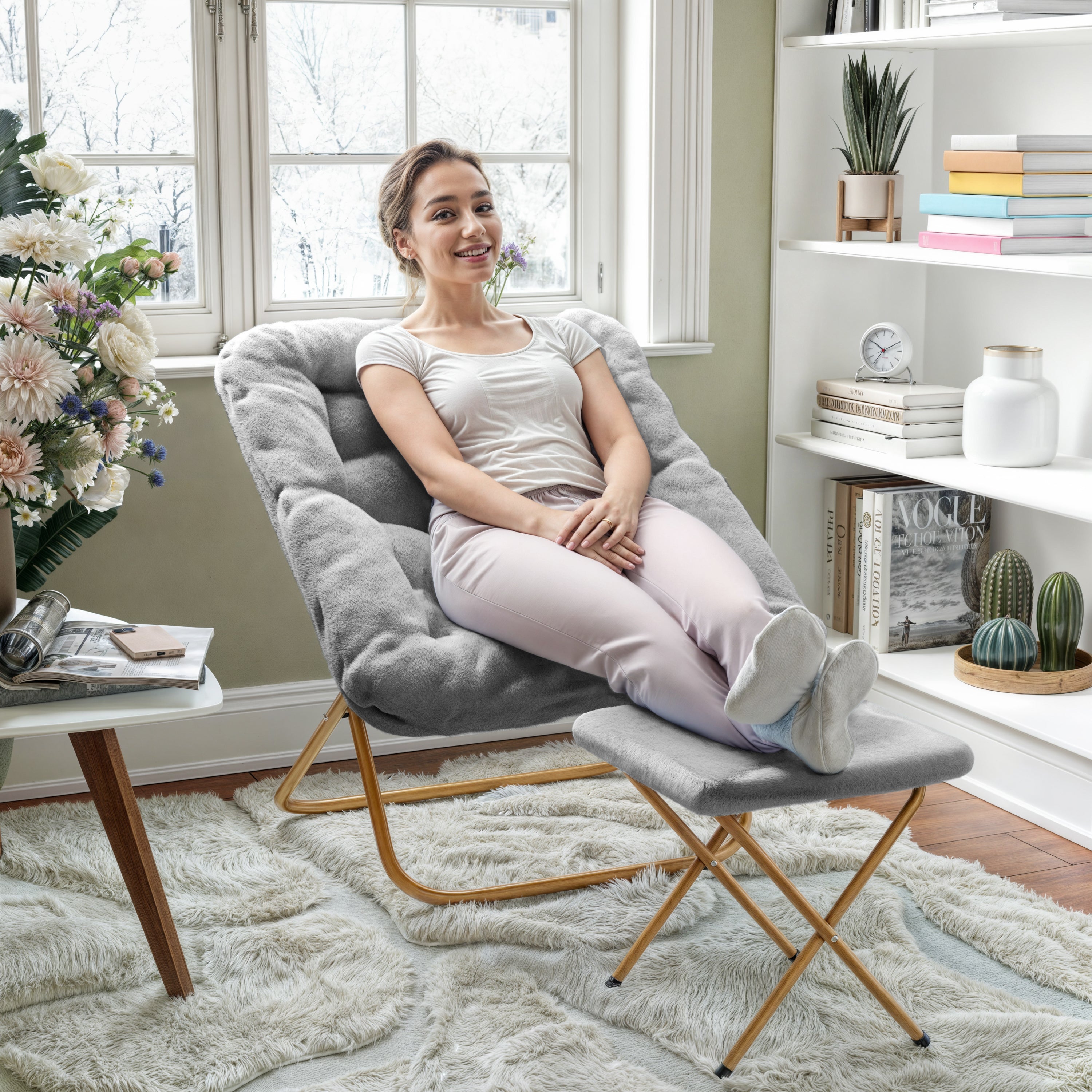 Archer 28" Oversized Portable Faux Fur Folding Saucer Chair with folding Ottoman for Dorm, Bedroom, Gray Faux Fur/Soft Gold Frame