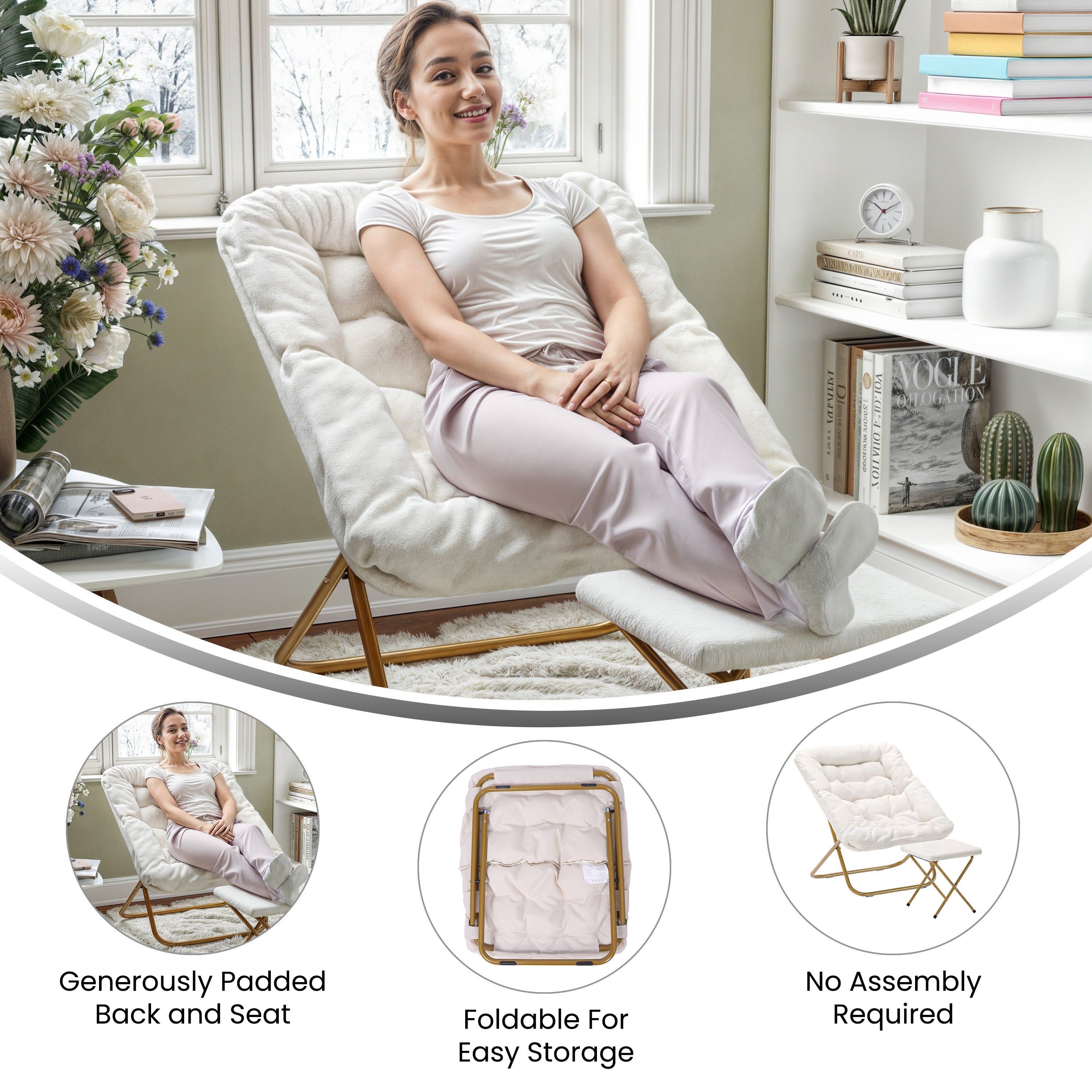 Archer 28" Oversized Portable Faux Shearling Folding Saucer Chair with Folding Ottoman for Dorm, Bedroom, Ivory Faux Shearling/Soft Gold Frame