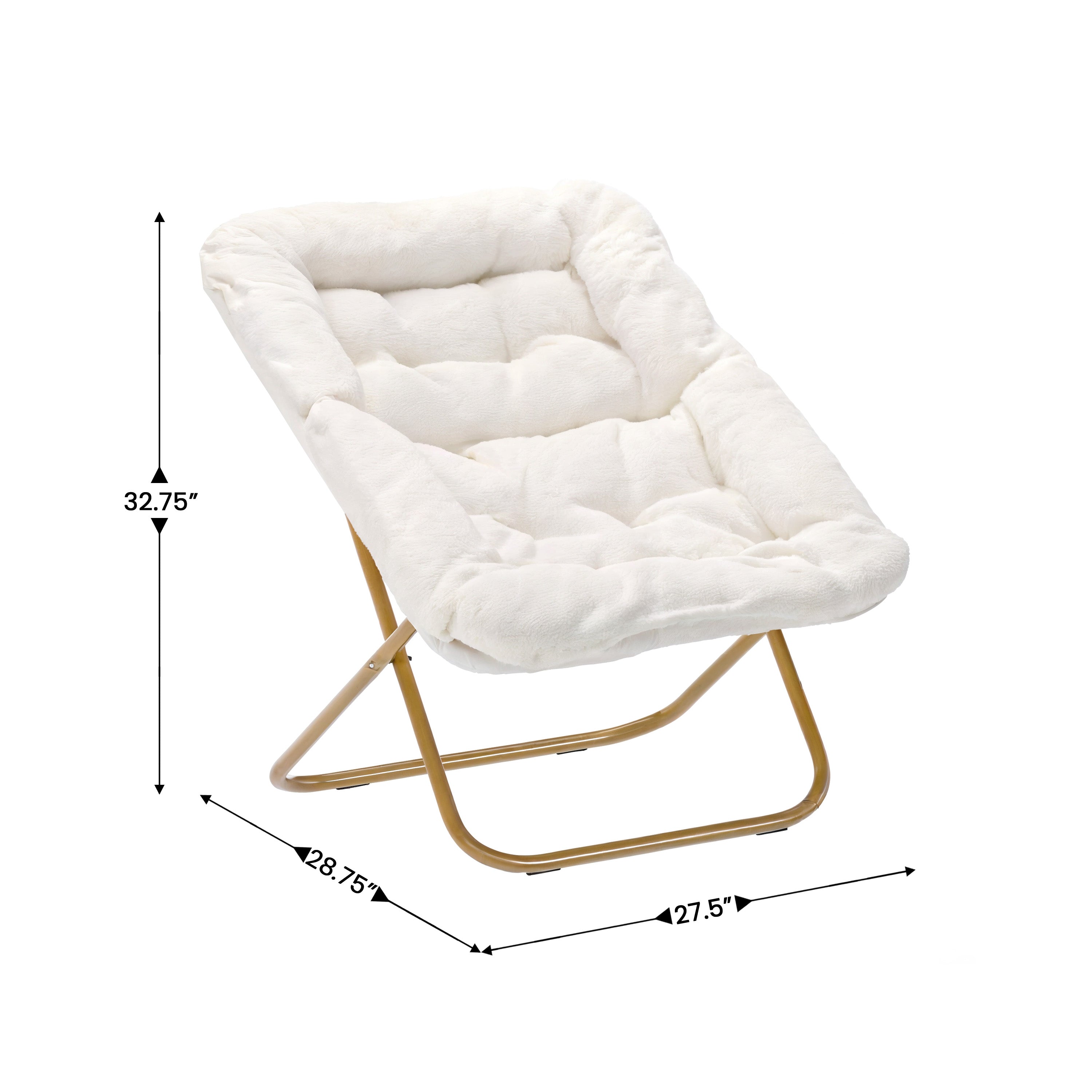 Archer 28" Oversized Portable Faux Shearling Folding Saucer Chair with Folding Ottoman for Dorm, Bedroom, Ivory Faux Shearling/Soft Gold Frame