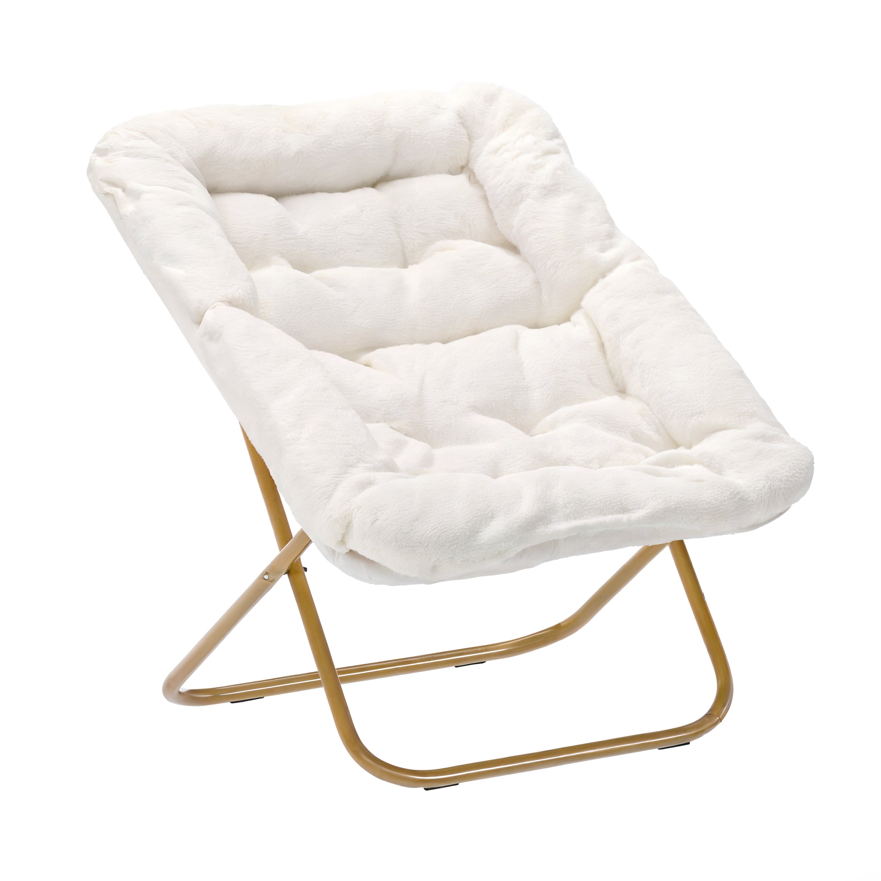 Archer 28" Oversized Portable Faux Shearling Folding Saucer Chair with Folding Ottoman for Dorm, Bedroom, Ivory Faux Shearling/Soft Gold Frame
