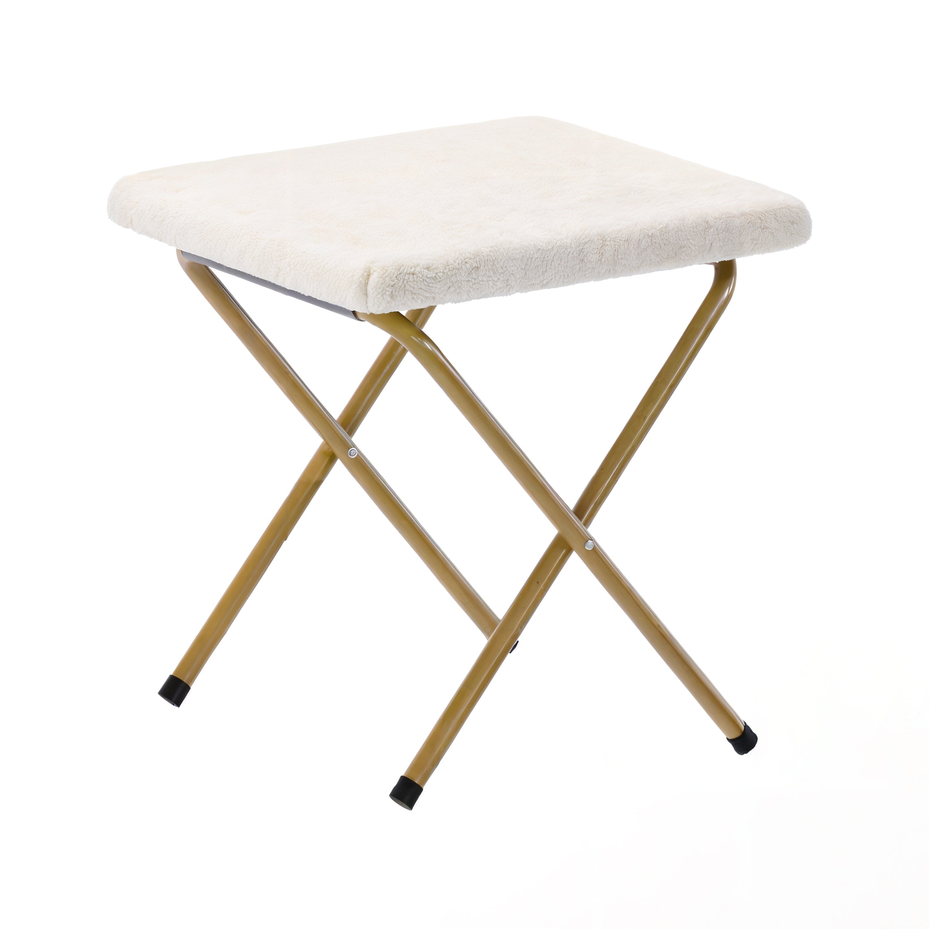 Archer 28" Oversized Portable Faux Shearling Folding Saucer Chair with Folding Ottoman for Dorm, Bedroom, Ivory Faux Shearling/Soft Gold Frame