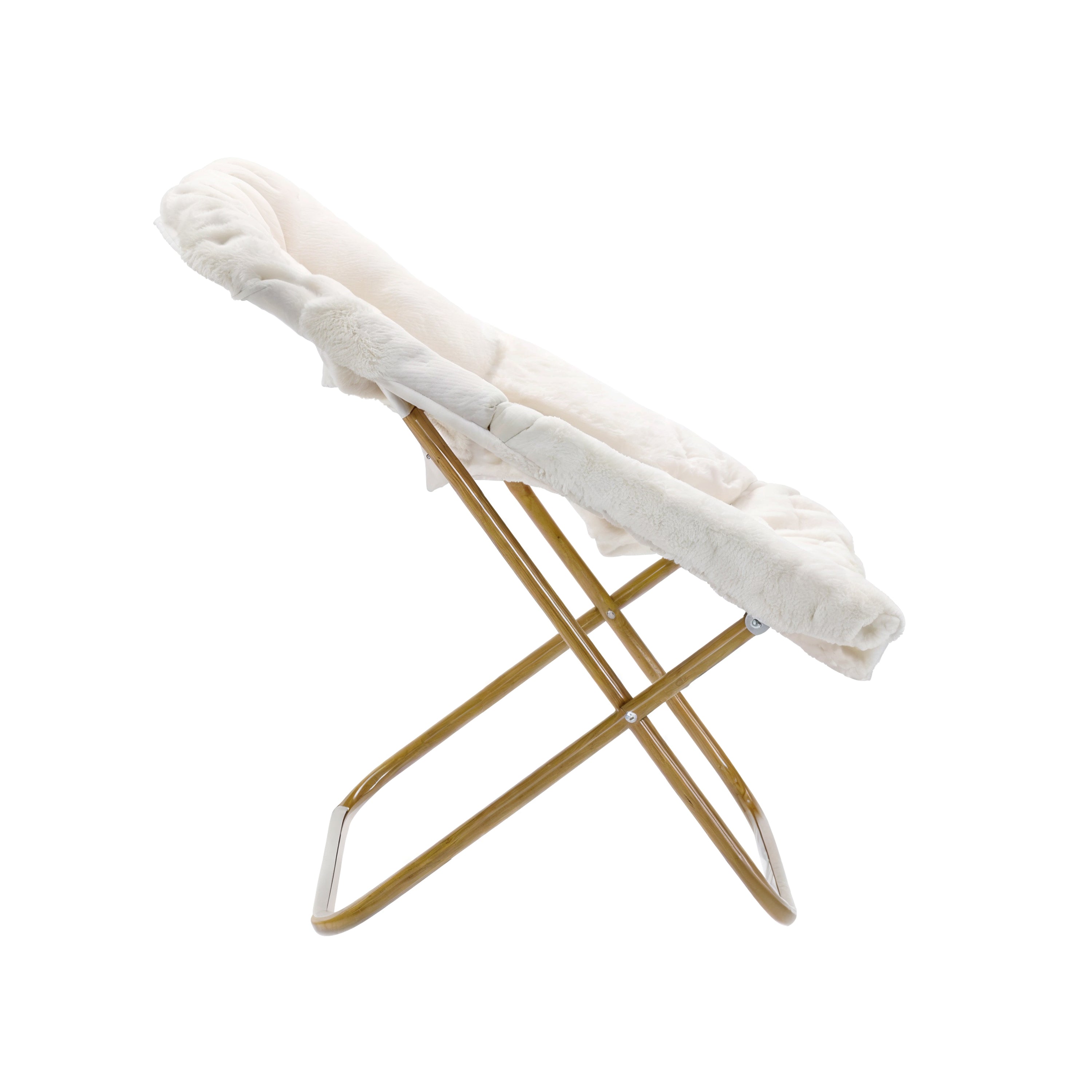 Archer 28" Oversized Portable Faux Shearling Folding Saucer Chair with Folding Ottoman for Dorm, Bedroom, Ivory Faux Shearling/Soft Gold Frame
