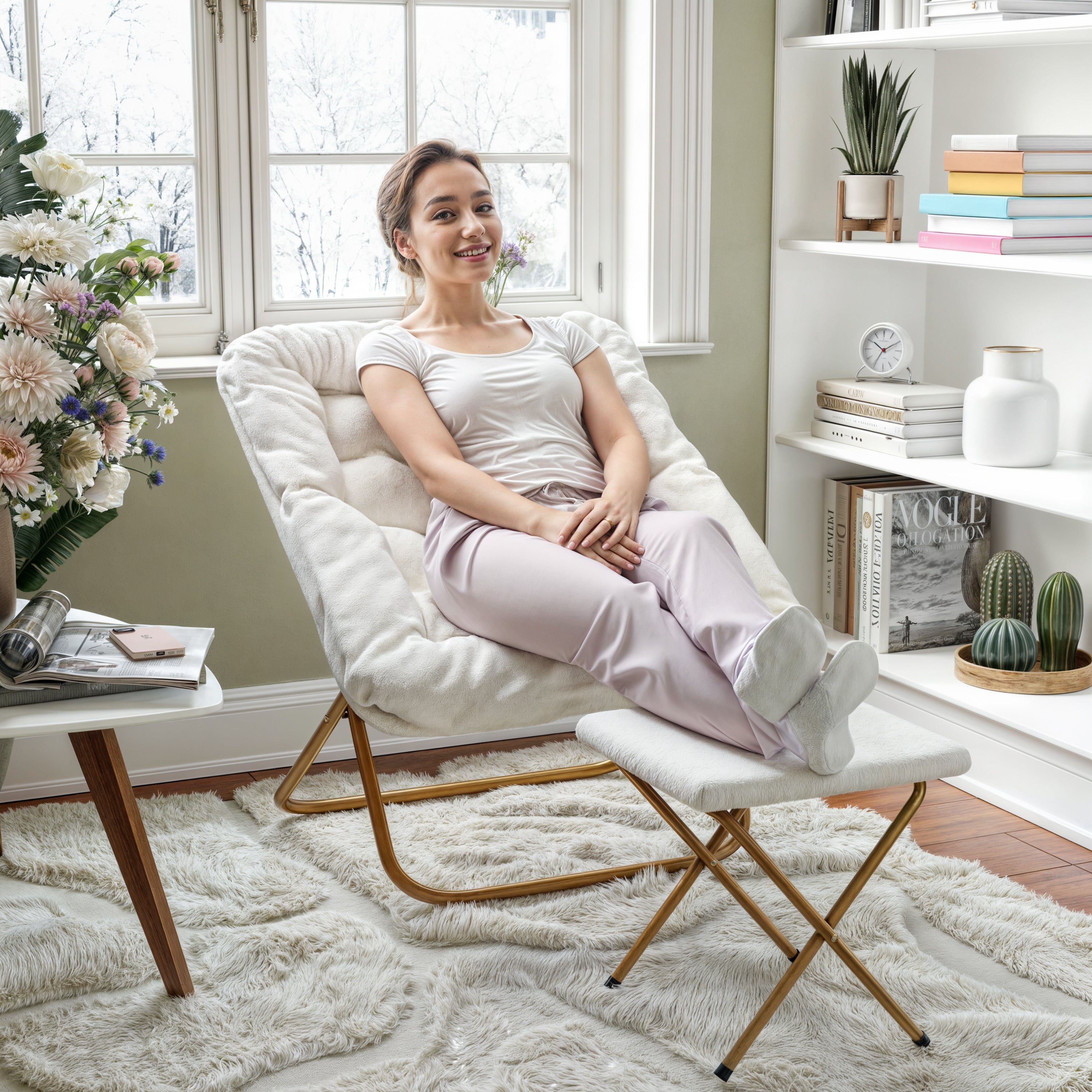 Archer 28" Oversized Portable Faux Shearling Folding Saucer Chair with Folding Ottoman for Dorm, Bedroom, Ivory Faux Shearling/Soft Gold Frame