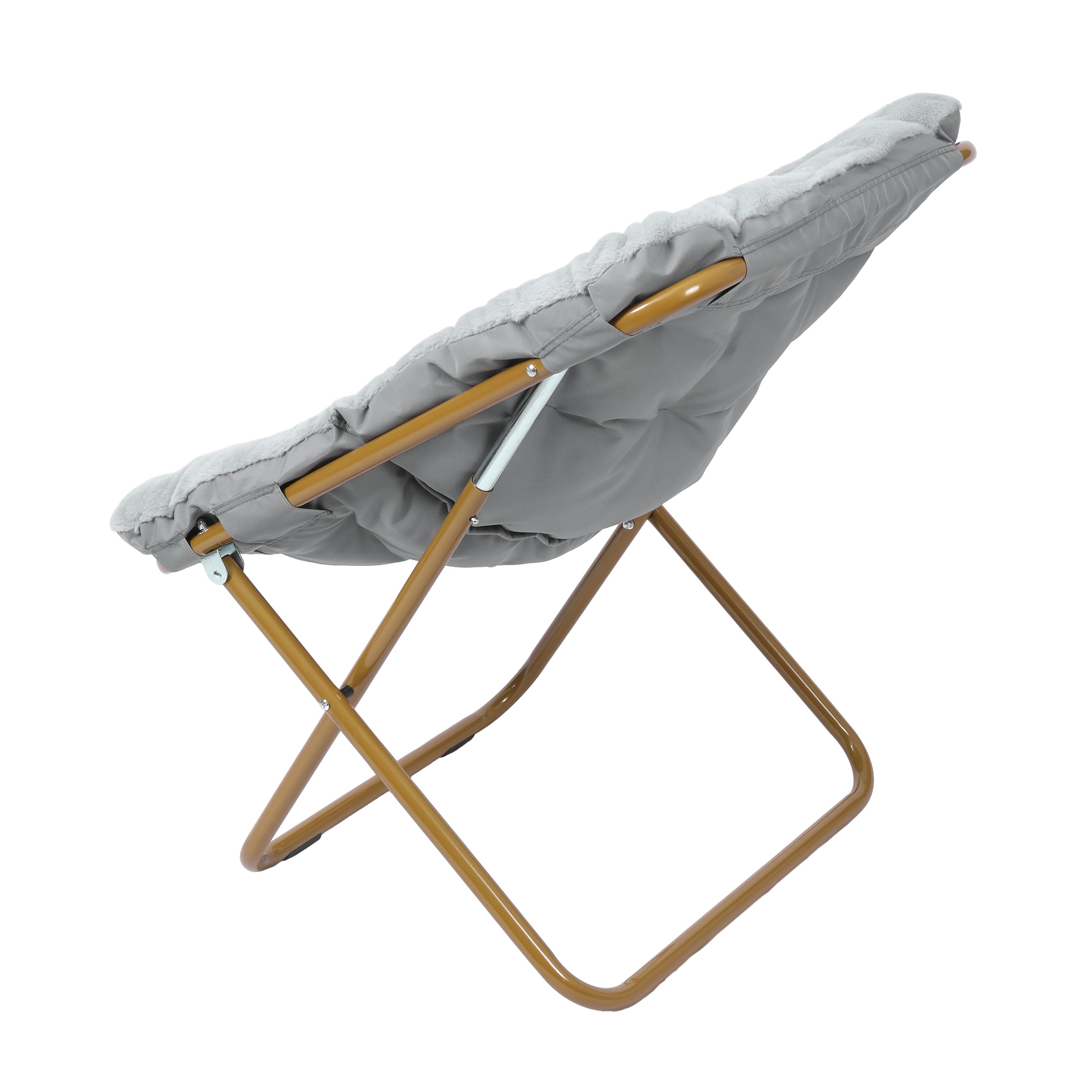 Archer 28" Oversized Portable Faux Fur Folding Saucer Chair for Dorm, Bedroom, Gray Faux Fur/Soft Gold Frame