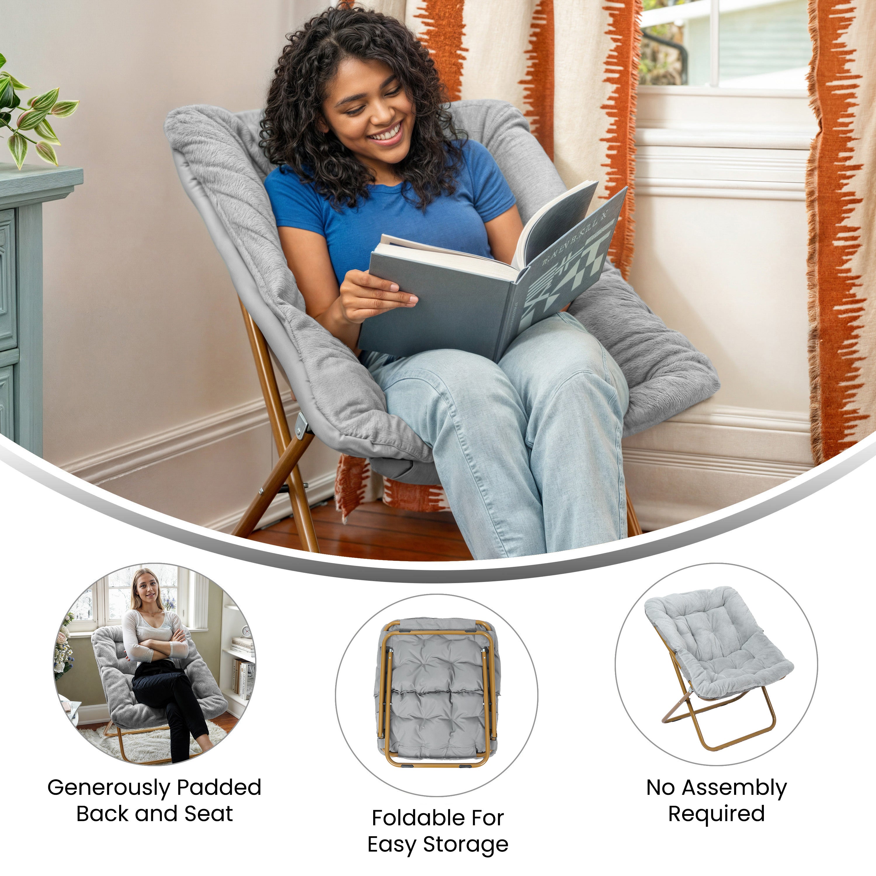 Archer 28" Oversized Portable Faux Fur Folding Saucer Chair for Dorm, Bedroom, Gray Faux Fur/Soft Gold Frame
