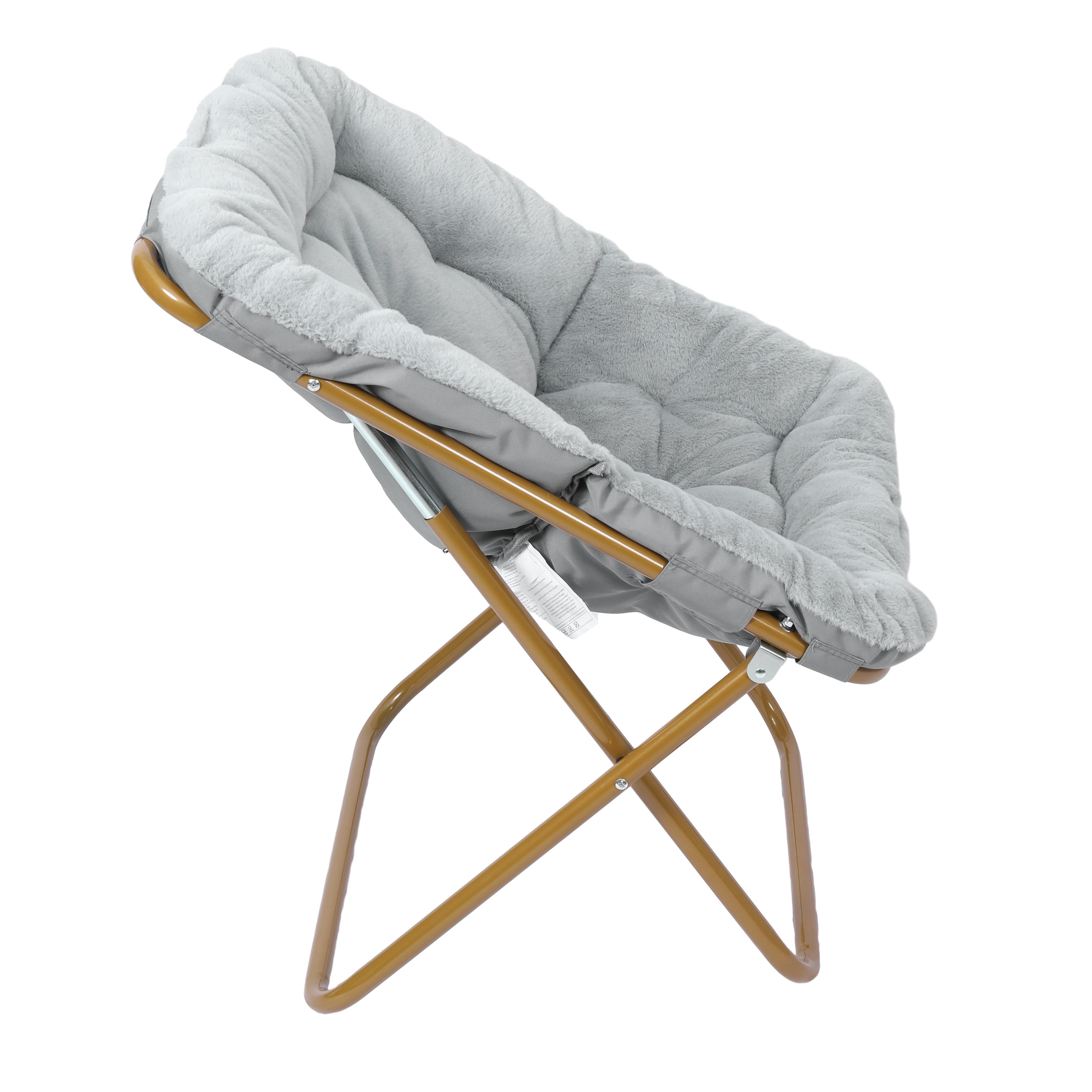 Archer 28" Oversized Portable Faux Fur Folding Saucer Chair for Dorm, Bedroom, Gray Faux Fur/Soft Gold Frame
