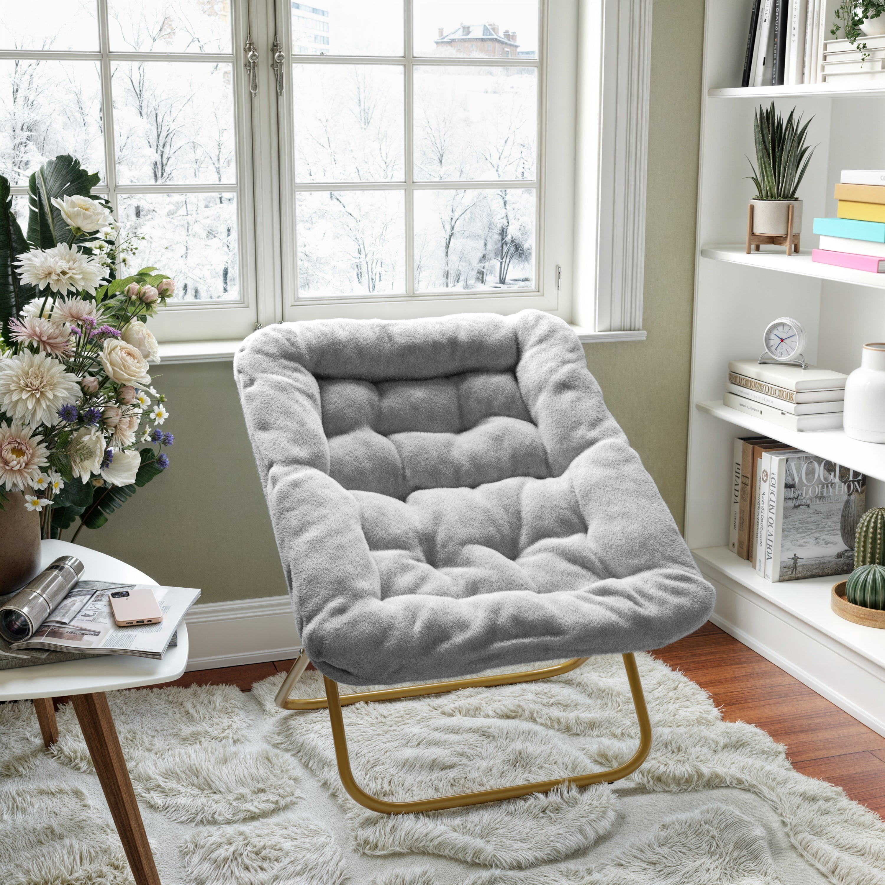 Archer 28" Oversized Portable Faux Fur Folding Saucer Chair for Dorm, Bedroom, Gray Faux Fur/Soft Gold Frame