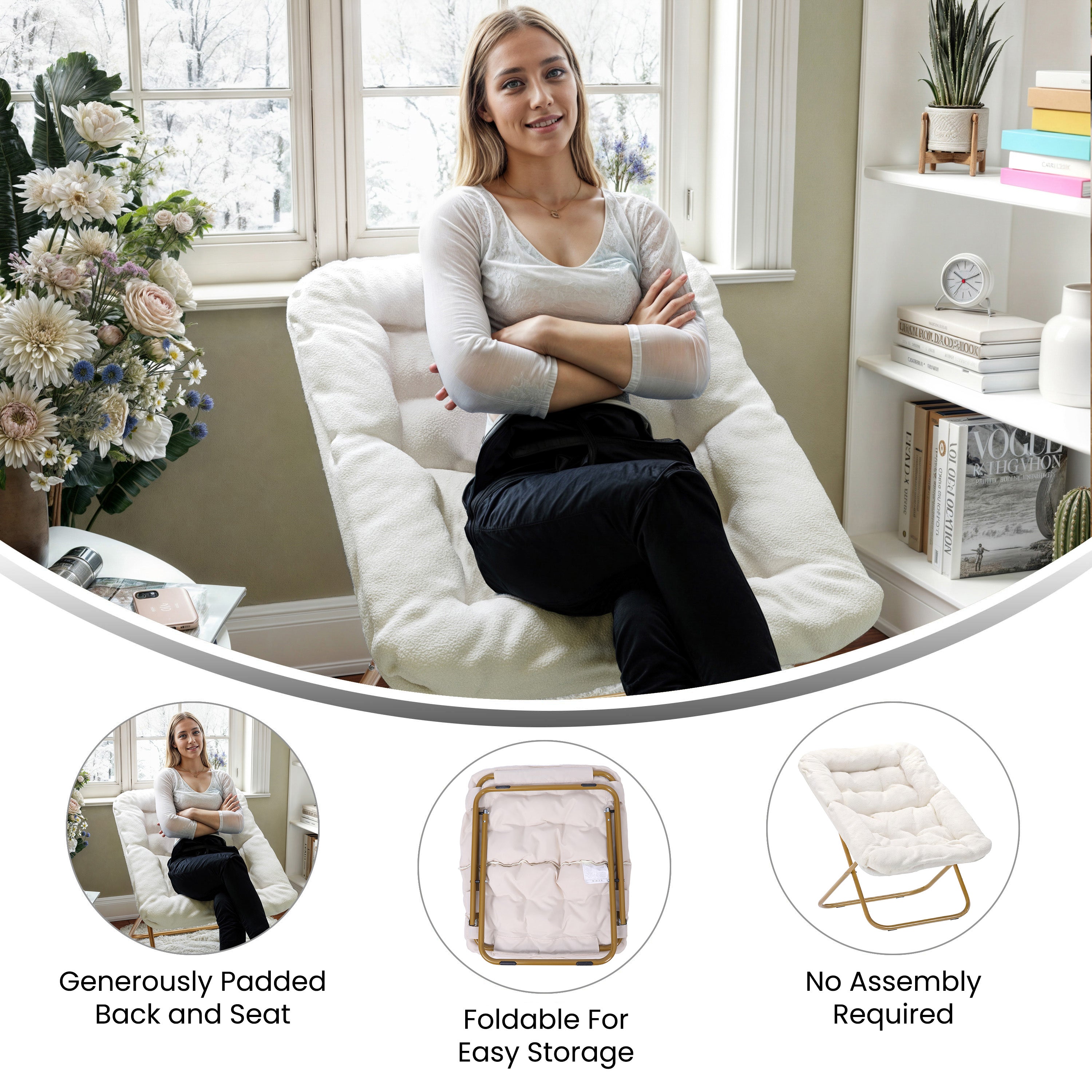 Archer 28" Oversized Portable Faux Shearling Folding Saucer Chair for Dorm, Bedroom, Ivory Faux Shearling/Soft Gold Frame
