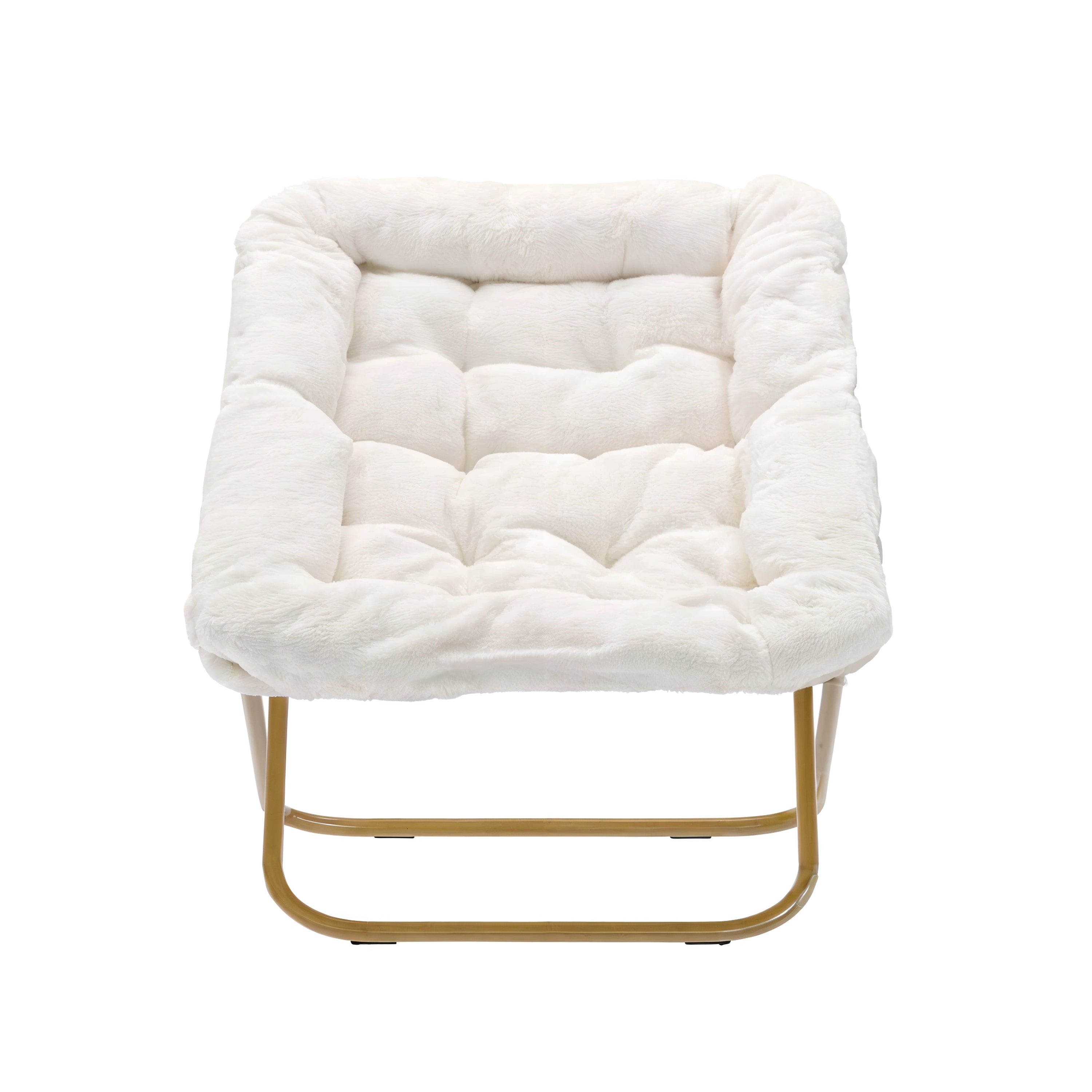 Archer 28" Oversized Portable Faux Shearling Folding Saucer Chair for Dorm, Bedroom, Ivory Faux Shearling/Soft Gold Frame