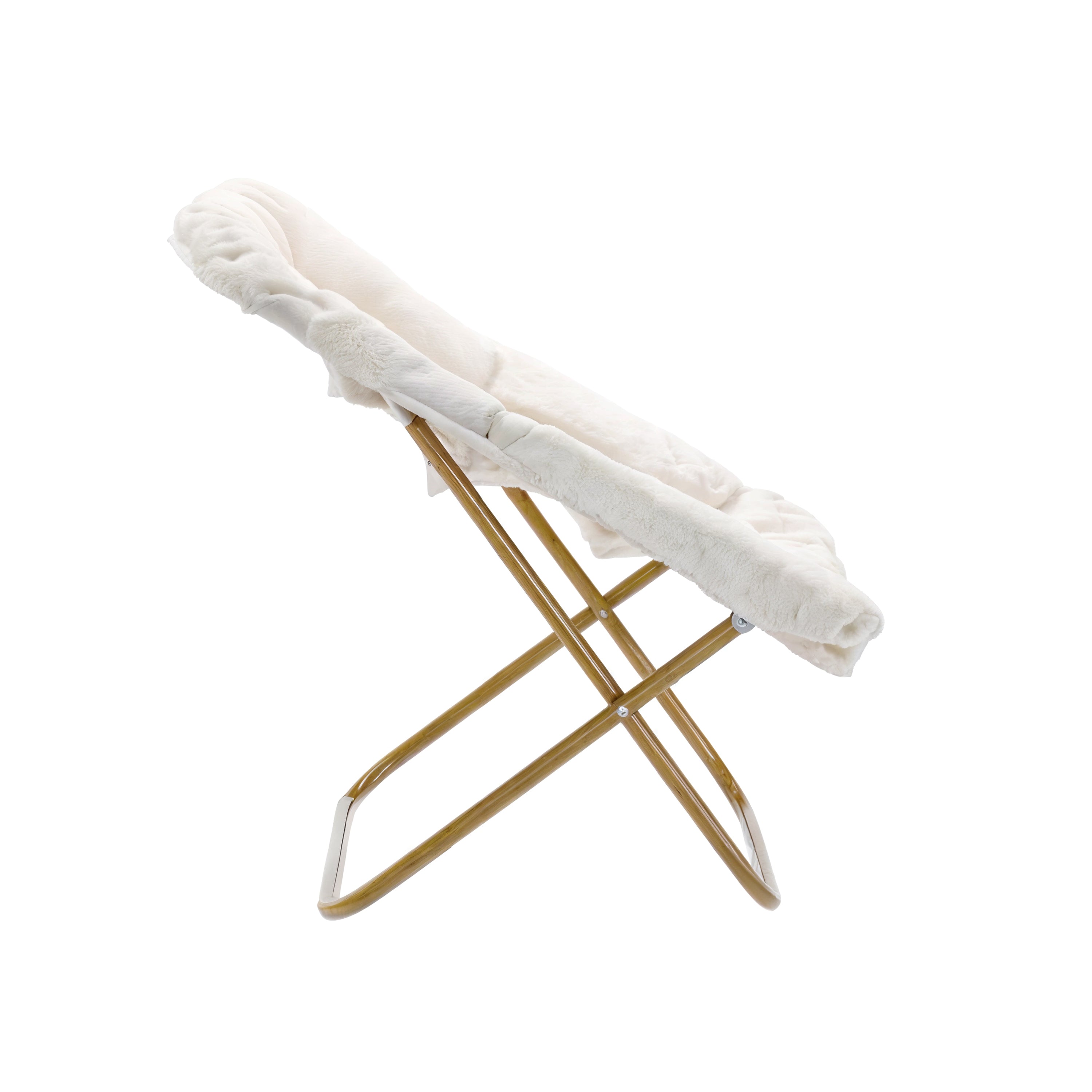Archer 28" Oversized Portable Faux Shearling Folding Saucer Chair for Dorm, Bedroom, Ivory Faux Shearling/Soft Gold Frame