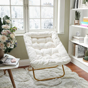 Archer 28" Oversized Portable Faux Shearling Folding Saucer Chair for Dorm, Bedroom, Ivory Faux Shearling/Soft Gold Frame