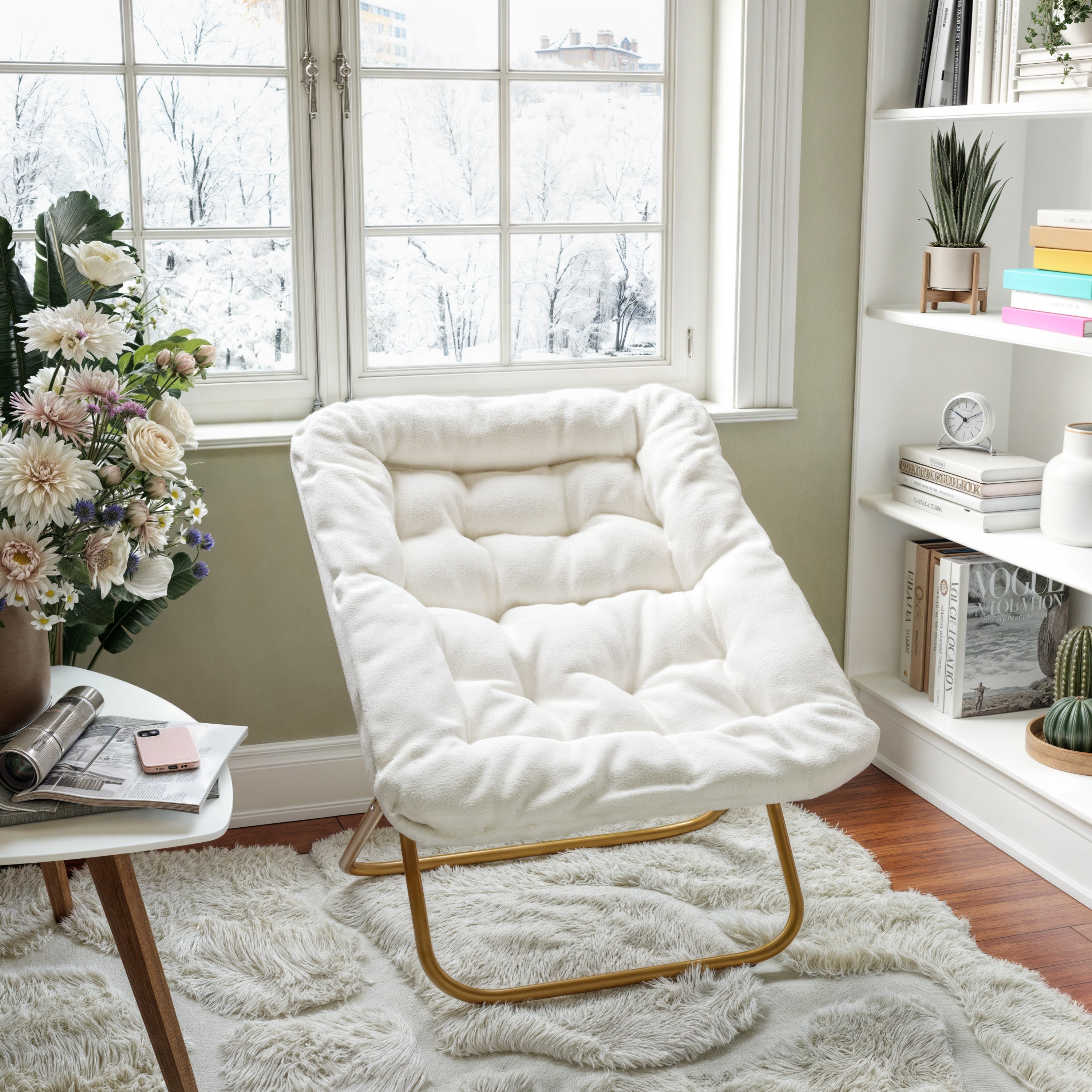 Archer 28" Oversized Portable Faux Shearling Folding Saucer Chair for Dorm, Bedroom, Ivory Faux Shearling/Soft Gold Frame
