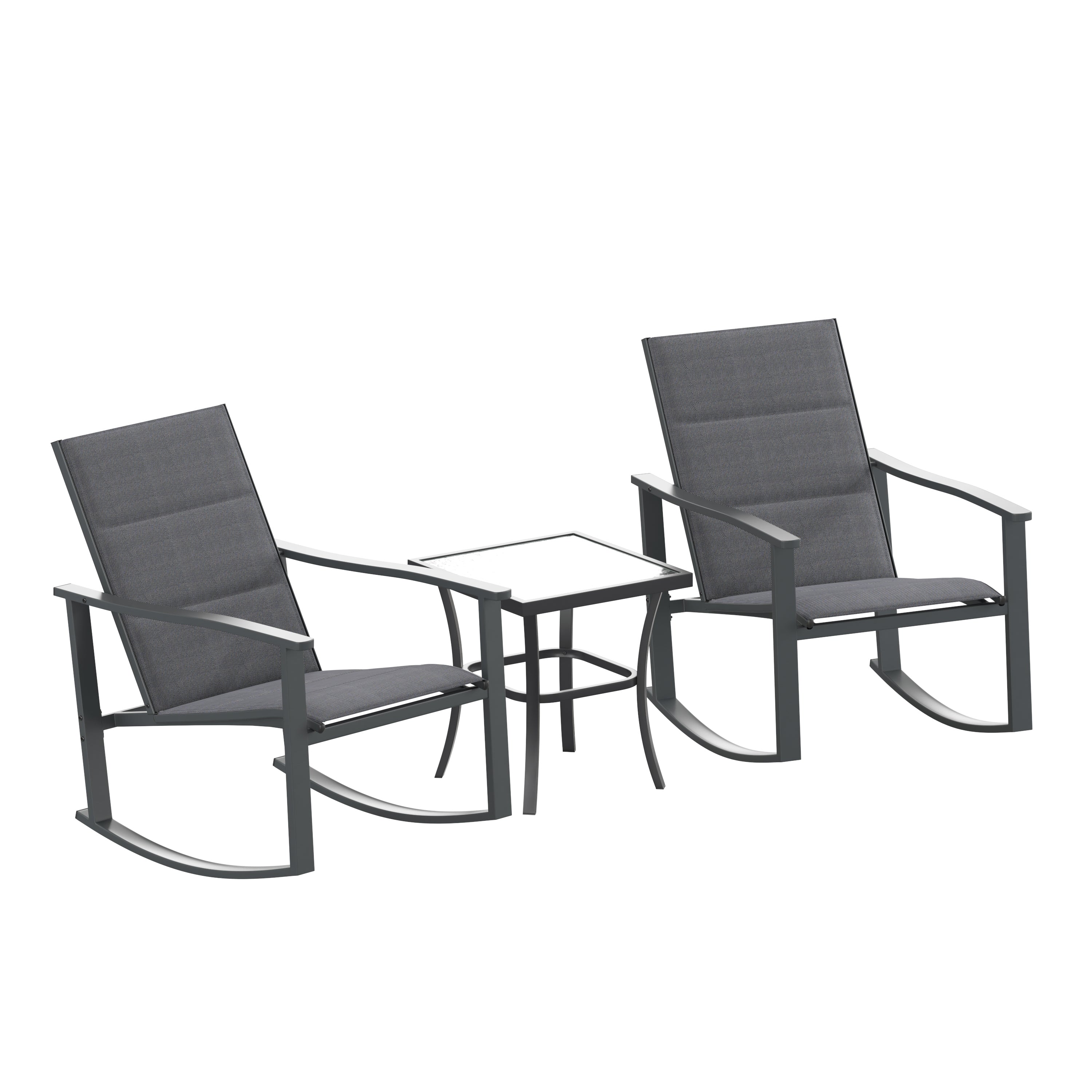 Brazos 3 Piece Outdoor Rocking Chair Bistro Set with Flex Comfort Material and Steel Framed Glass Top Table, Black/Black