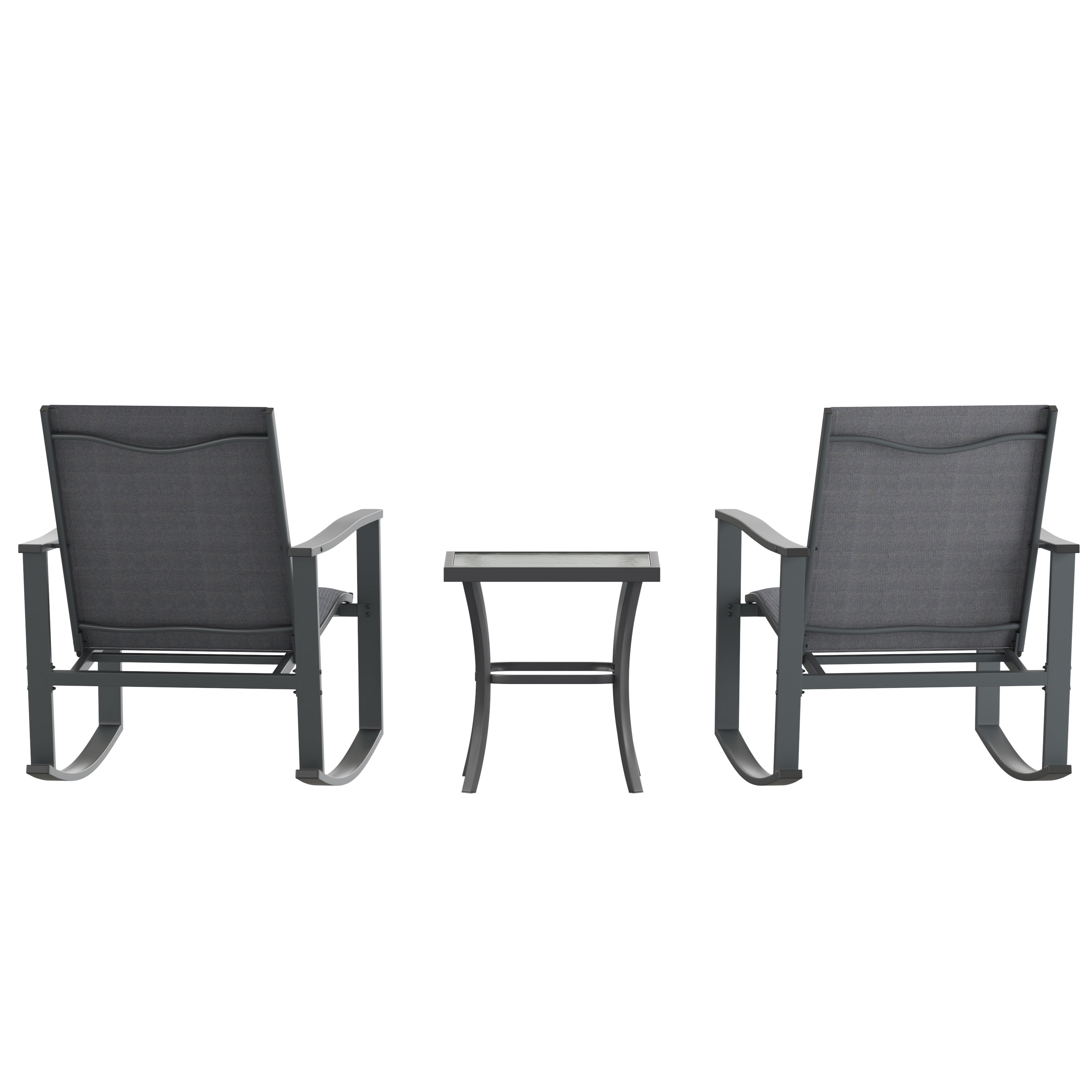 Brazos 3 Piece Outdoor Rocking Chair Bistro Set with Flex Comfort Material and Steel Framed Glass Top Table, Black/Black