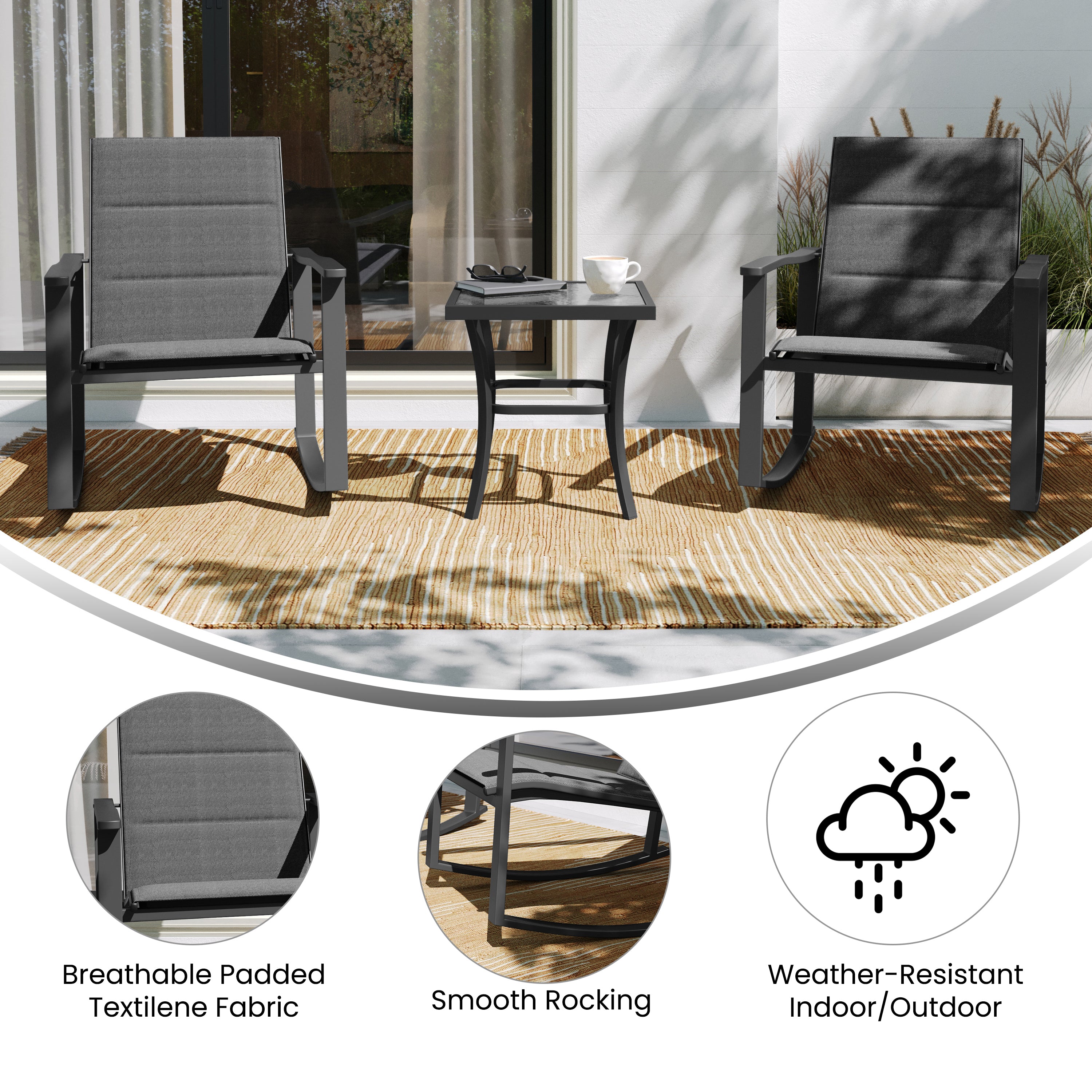 Brazos 3 Piece Outdoor Rocking Chair Bistro Set with Flex Comfort Material and Steel Framed Glass Top Table, Black/Black