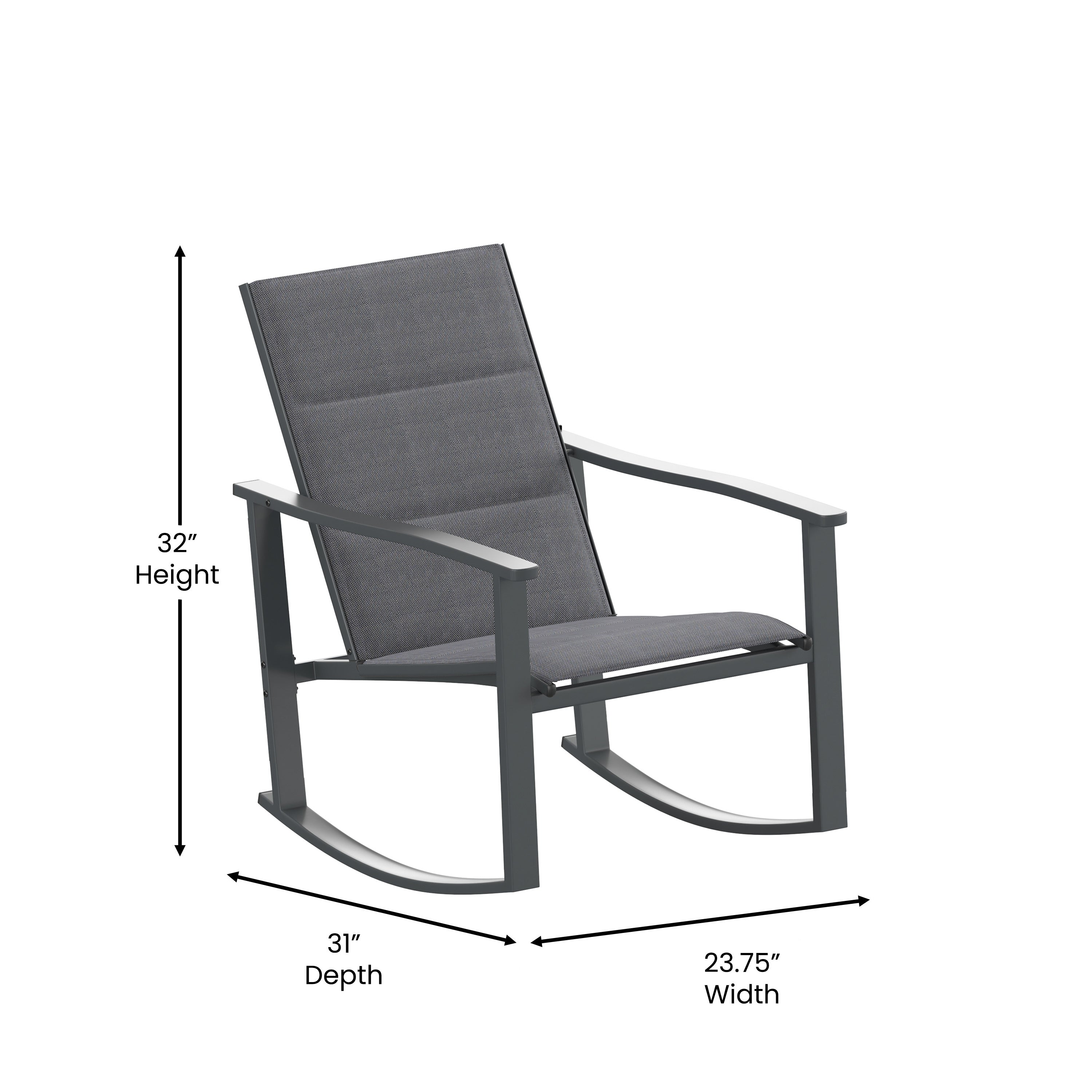 Brazos 3 Piece Outdoor Rocking Chair Bistro Set with Flex Comfort Material and Steel Framed Glass Top Table, Black/Black