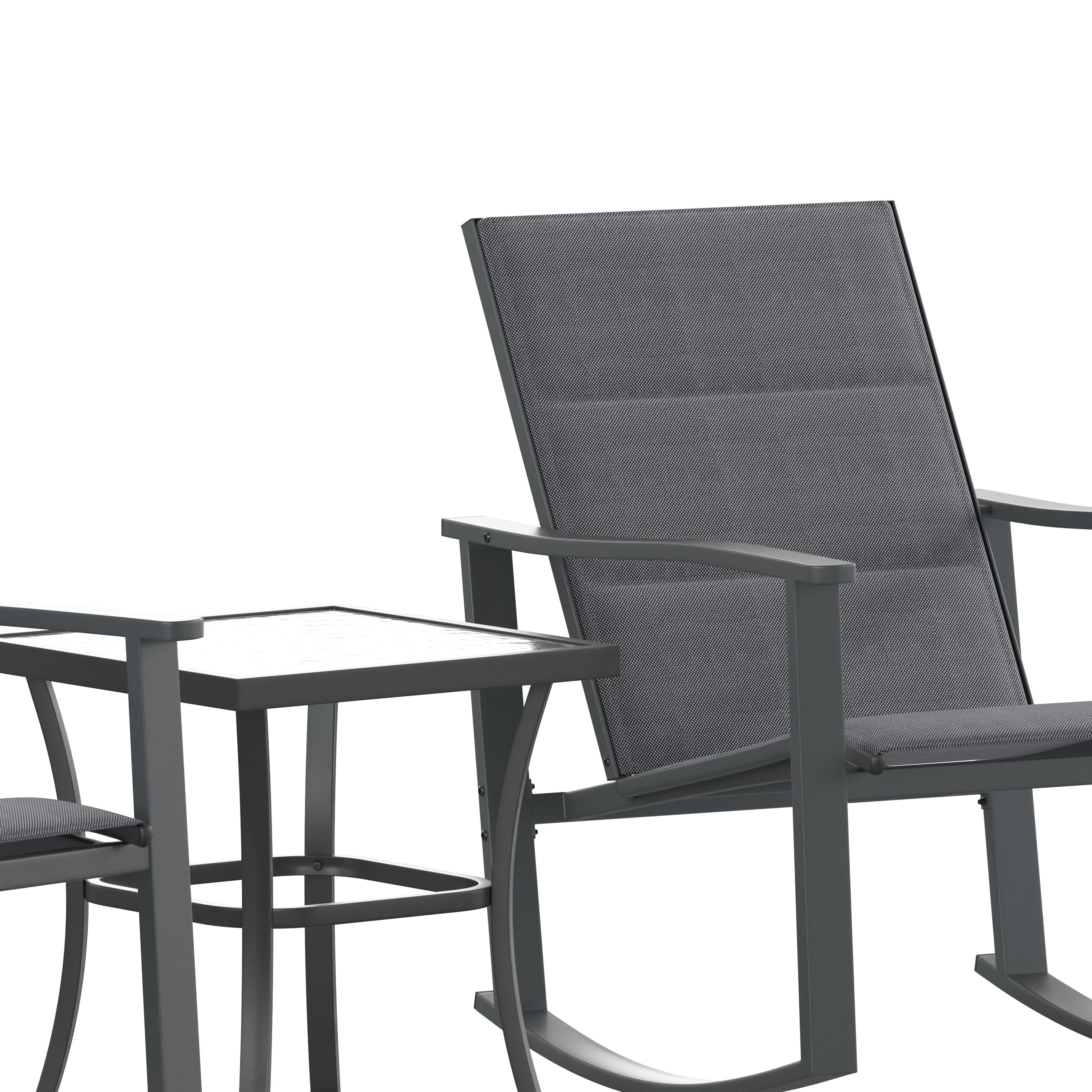 Brazos 3 Piece Outdoor Rocking Chair Bistro Set with Flex Comfort Material and Steel Framed Glass Top Table, Black/Black