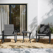 Brazos 3 Piece Outdoor Rocking Chair Bistro Set with Flex Comfort Material and Steel Framed Glass Top Table, Black/Black