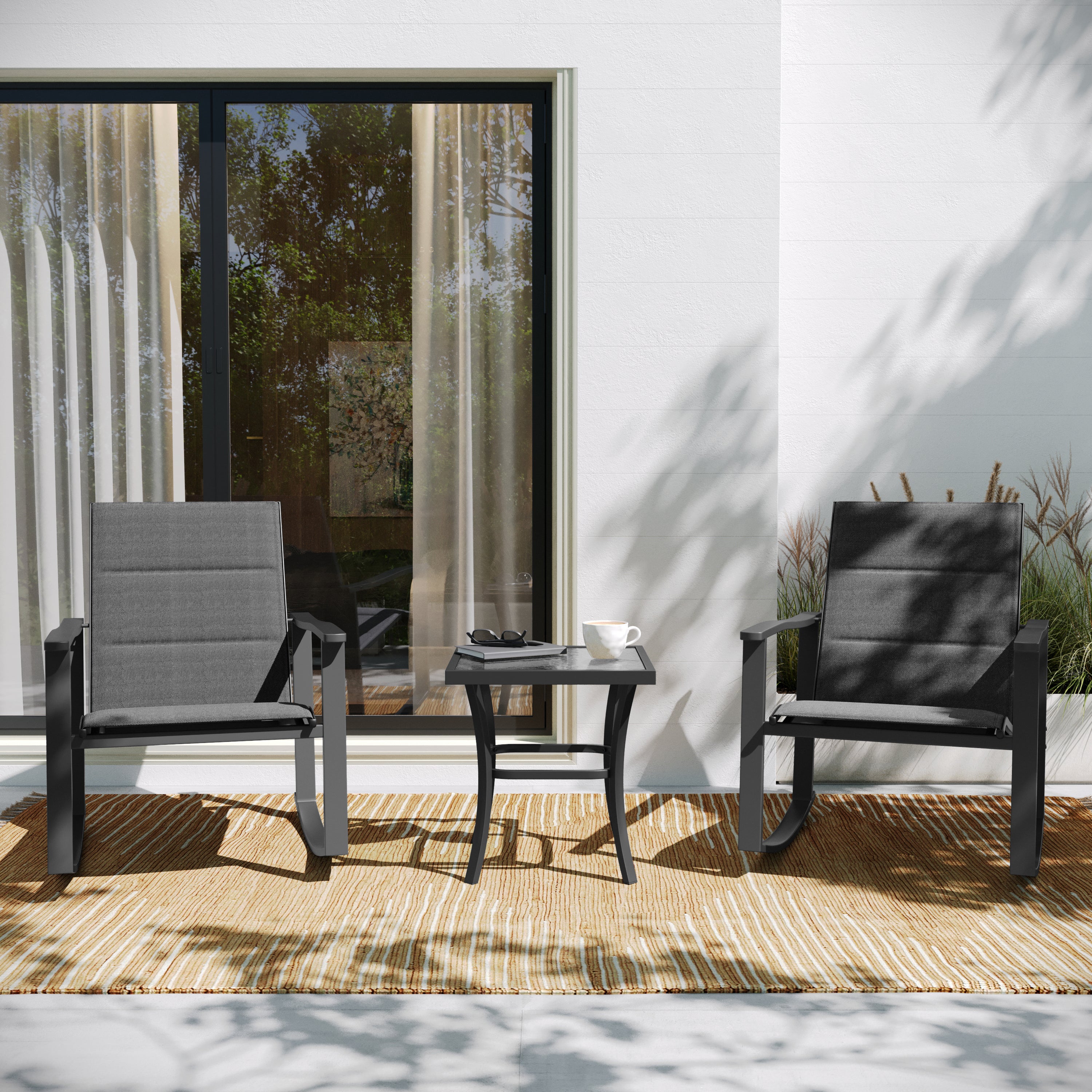 Brazos 3 Piece Outdoor Rocking Chair Bistro Set with Flex Comfort Material and Steel Framed Glass Top Table, Black/Black